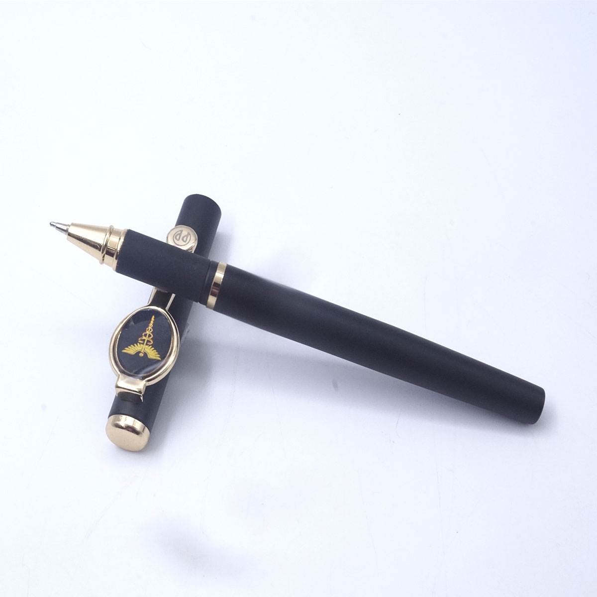 Picasso parri Matte Black color Body With Gold Clip  And Doctor Symbol  Fine Tip Cap Type Roller Ball pen SKU 26536