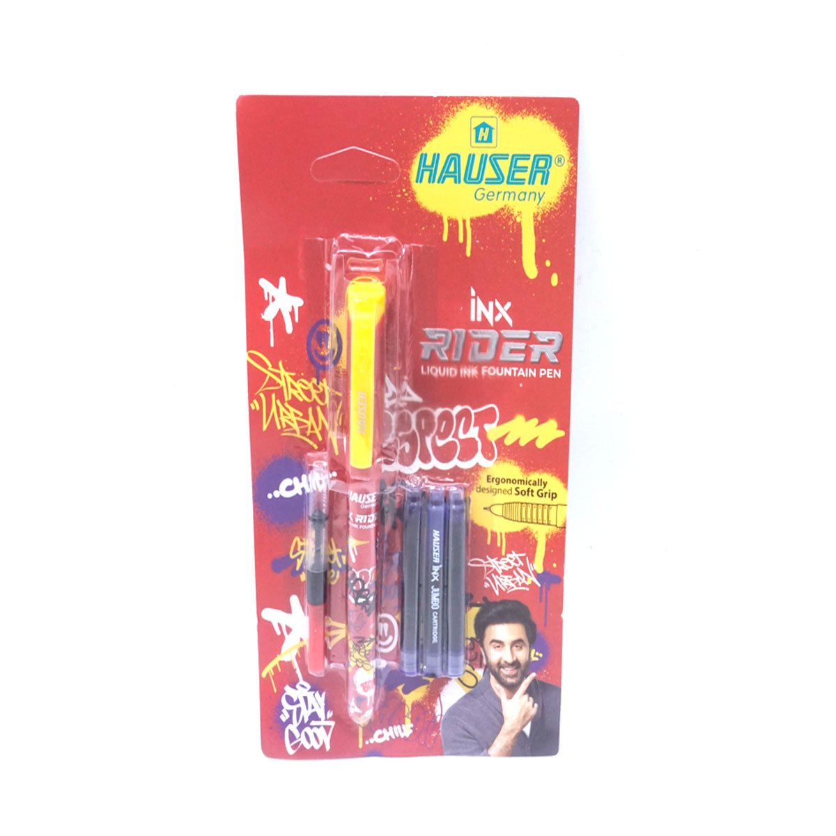 Hauser Germany Inx Rider  Red Color Body Liquid Ink Fountain Pen  2 Pieces ink Cartridges SKU 26656