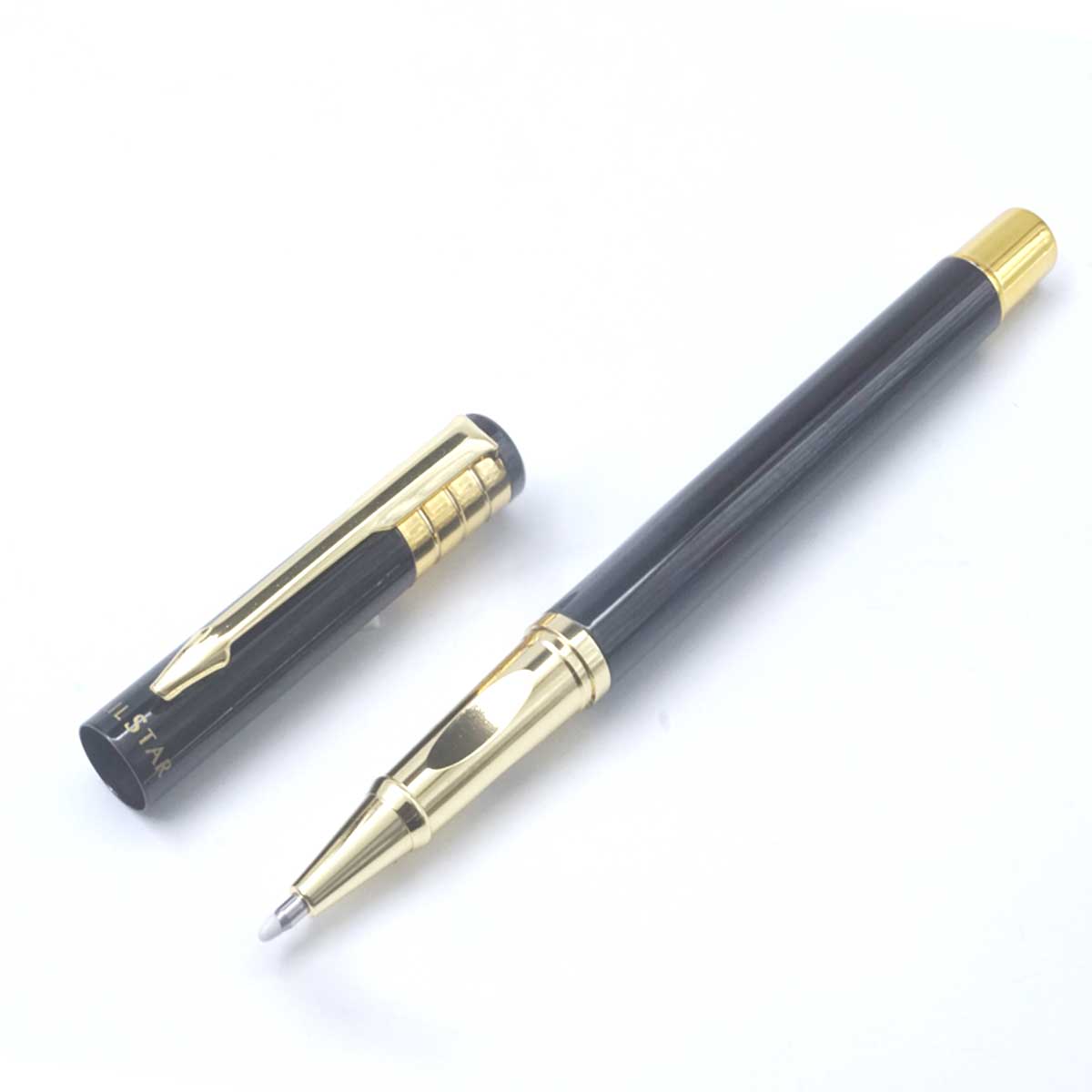 Sail Star 3209 Glossy Black With Gold Long Trim On Cap Roller Ball Pen SKU 26867