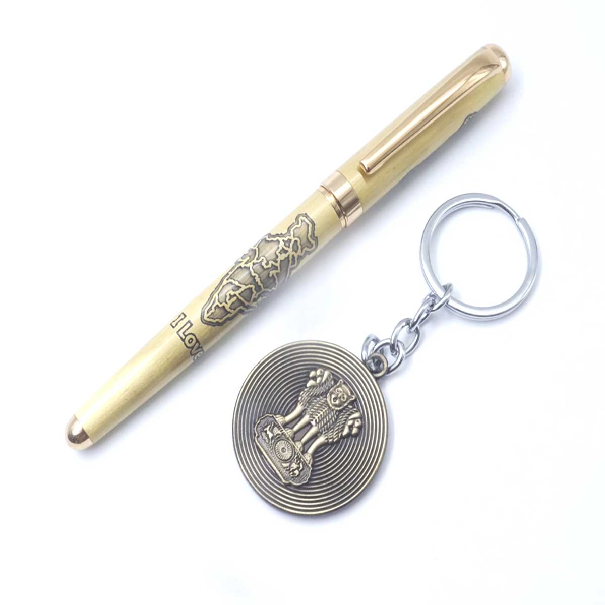 Penhouse.in Full Golden Color  Design Body With Ashok Stambh Keychain Set Roller Ball pen SKU 26917