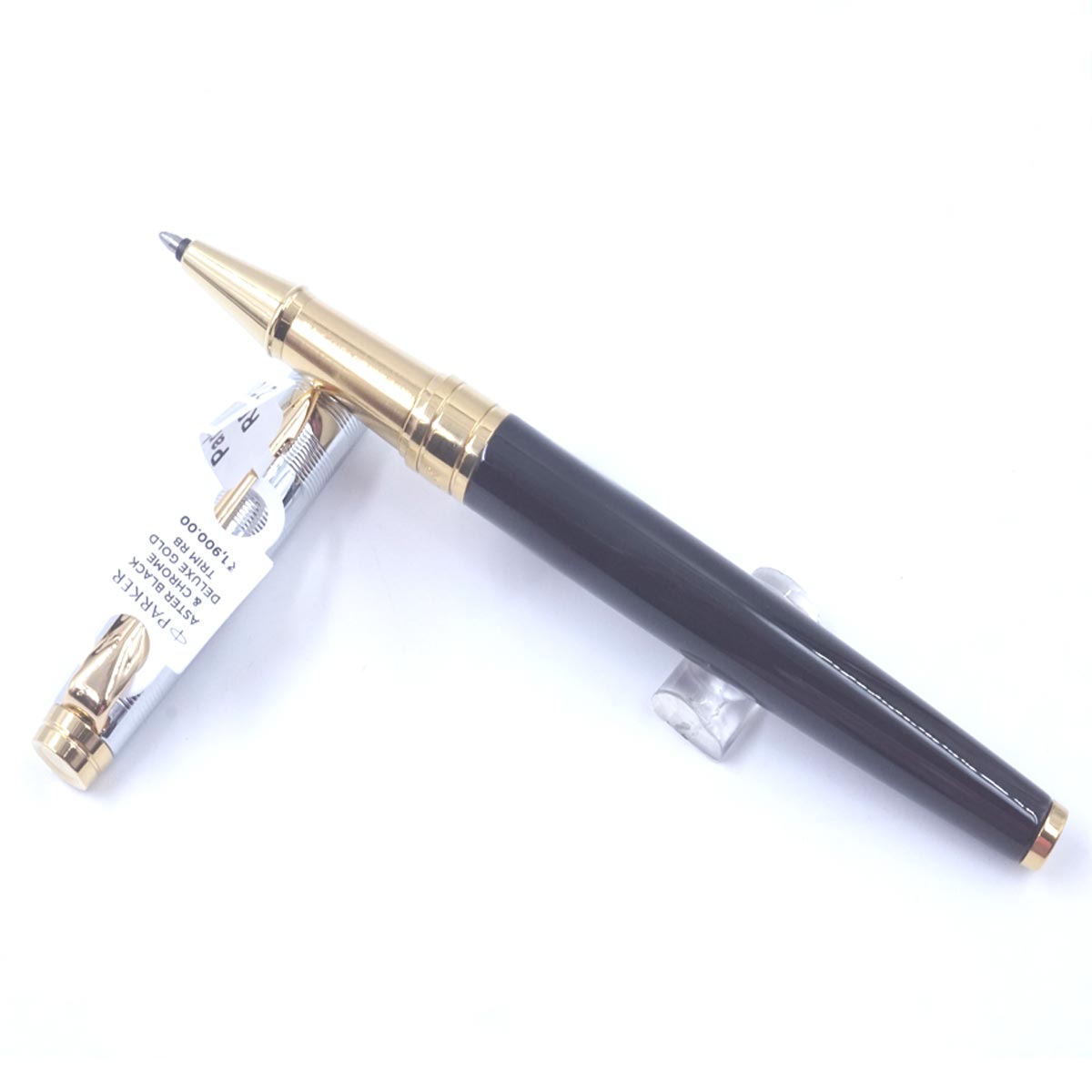 Parker Aster Black And Chrome Deluxe Gold Trim  Medium Tip Cap Type Roller Ball Pen SKU 27004