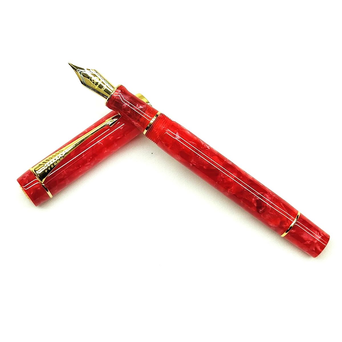 Jinhao 100 Red Color Marble Acrylic Body With Golden Clip And Trim No 35 Fine Nib Converter Type Fountain Pen SKU 27122