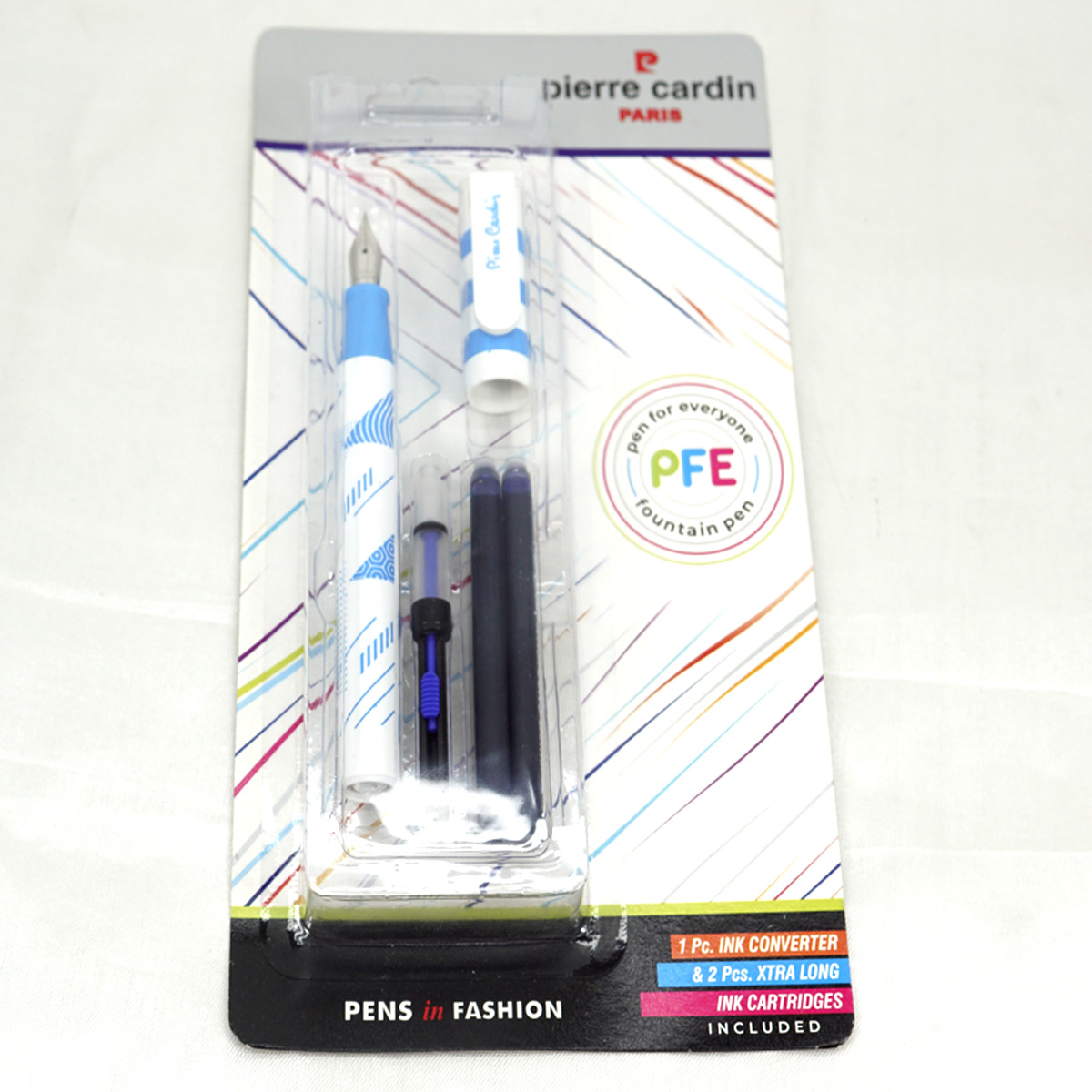 Pierre Cardin PFE White Color Body With Blue Design and White Clip and Blue Grip Cartridge and converter Type Fountain Pen SKU 27335