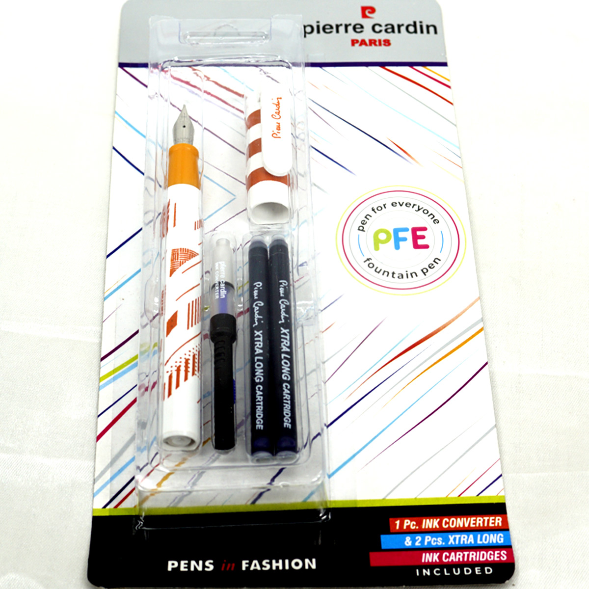 Pierre Cardin PFE White Color Body With Orange Design and White Clip and Orange Grip  Cartridge and converter Type Fountain Pen SKU 27338