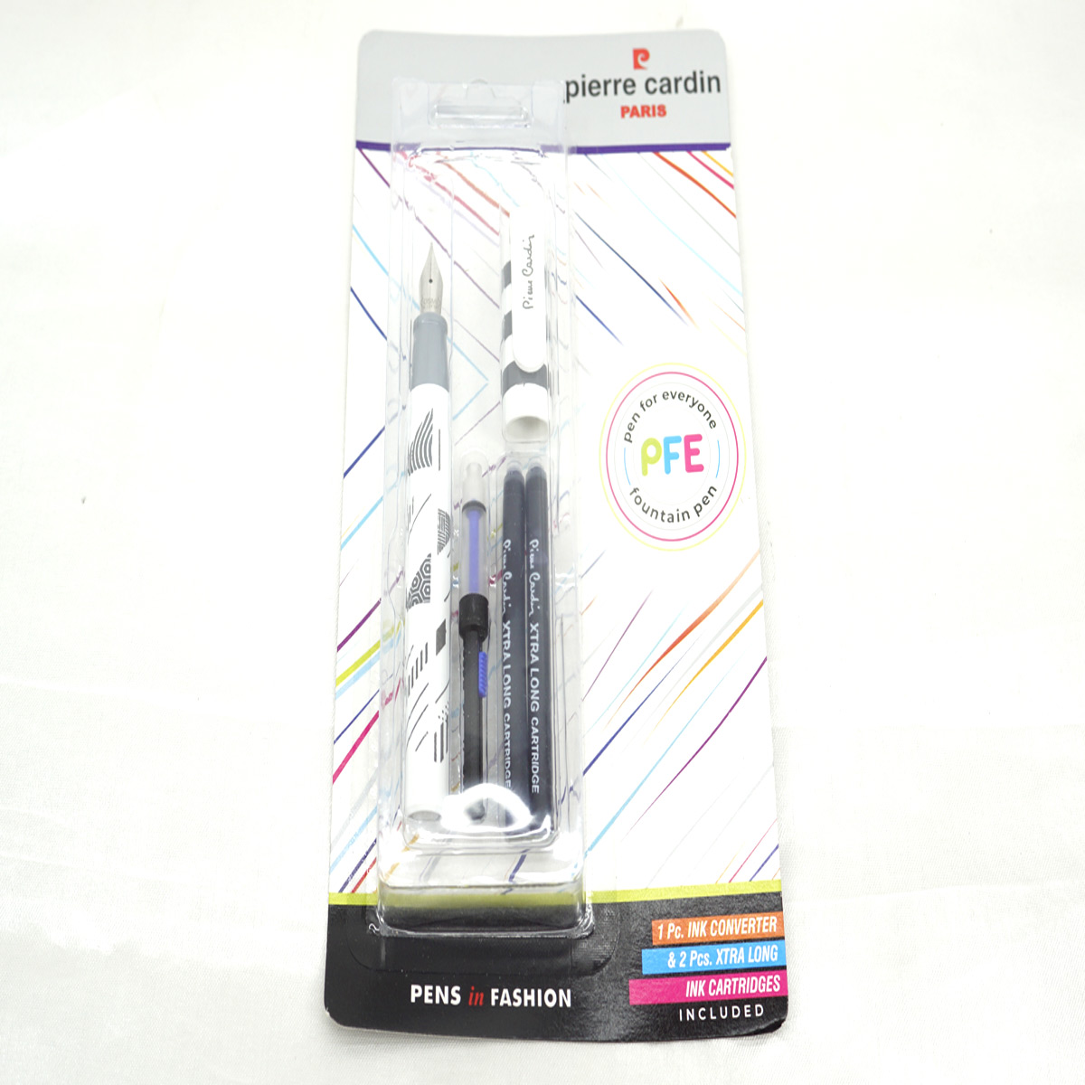 Pierre Cardin PFE White Color Body With Grey Design and White Clip and Grey Grip  Cartridge and converter Type Fountain Pen SKU 27339