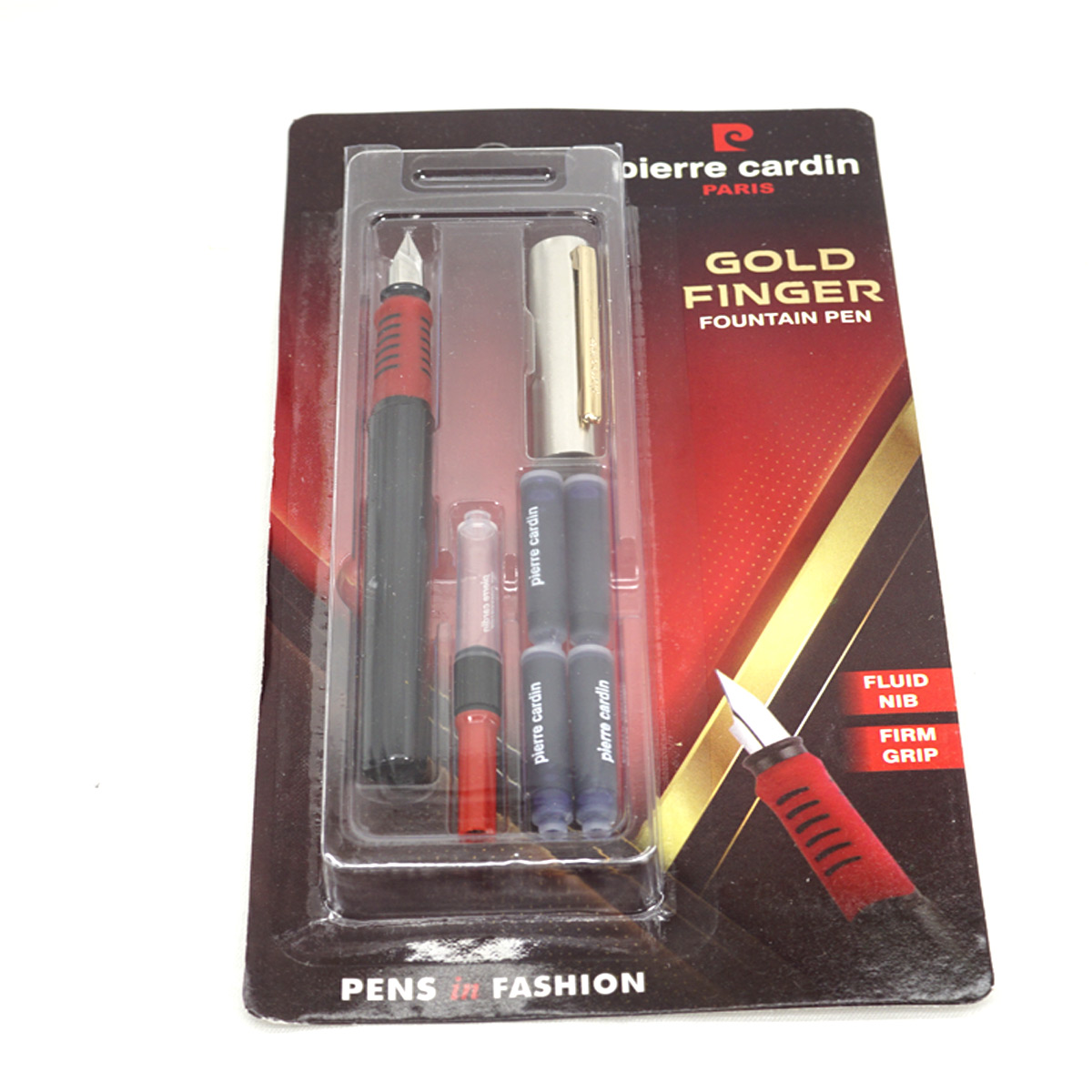 Pierre Cardin Gold Finger Black Color Body Silver Cap and Red Color Grip Cartridge and Converter Type Fountain pen SKU 27341