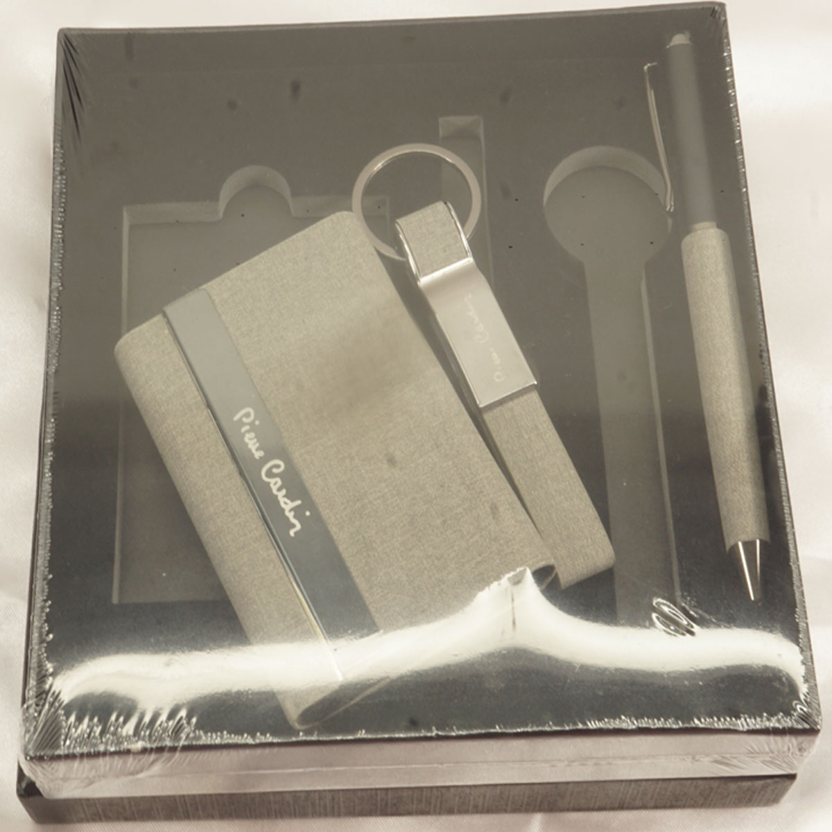 Pierre Cardin Regency Grey With Black Color Twist Type Ball Pen And Card Holder And Keychain  Set SKU 27675