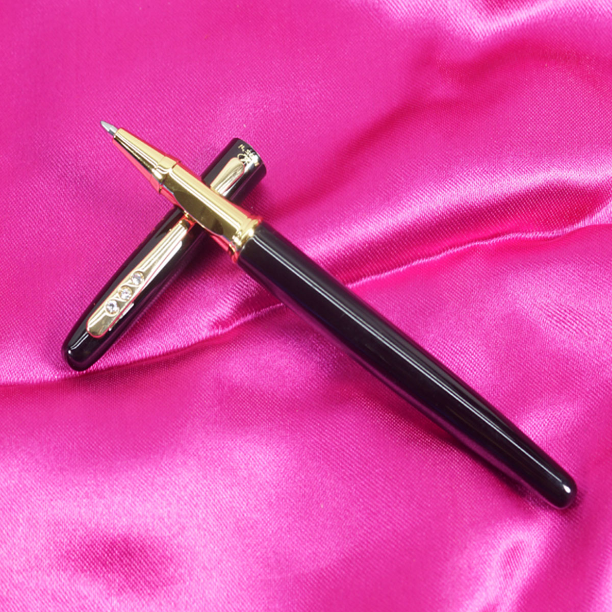 Luoshi Glossy Black Color Body With  Three Stone On Gold Clip And Cap Type Roller Ball Pen  SKU 27714