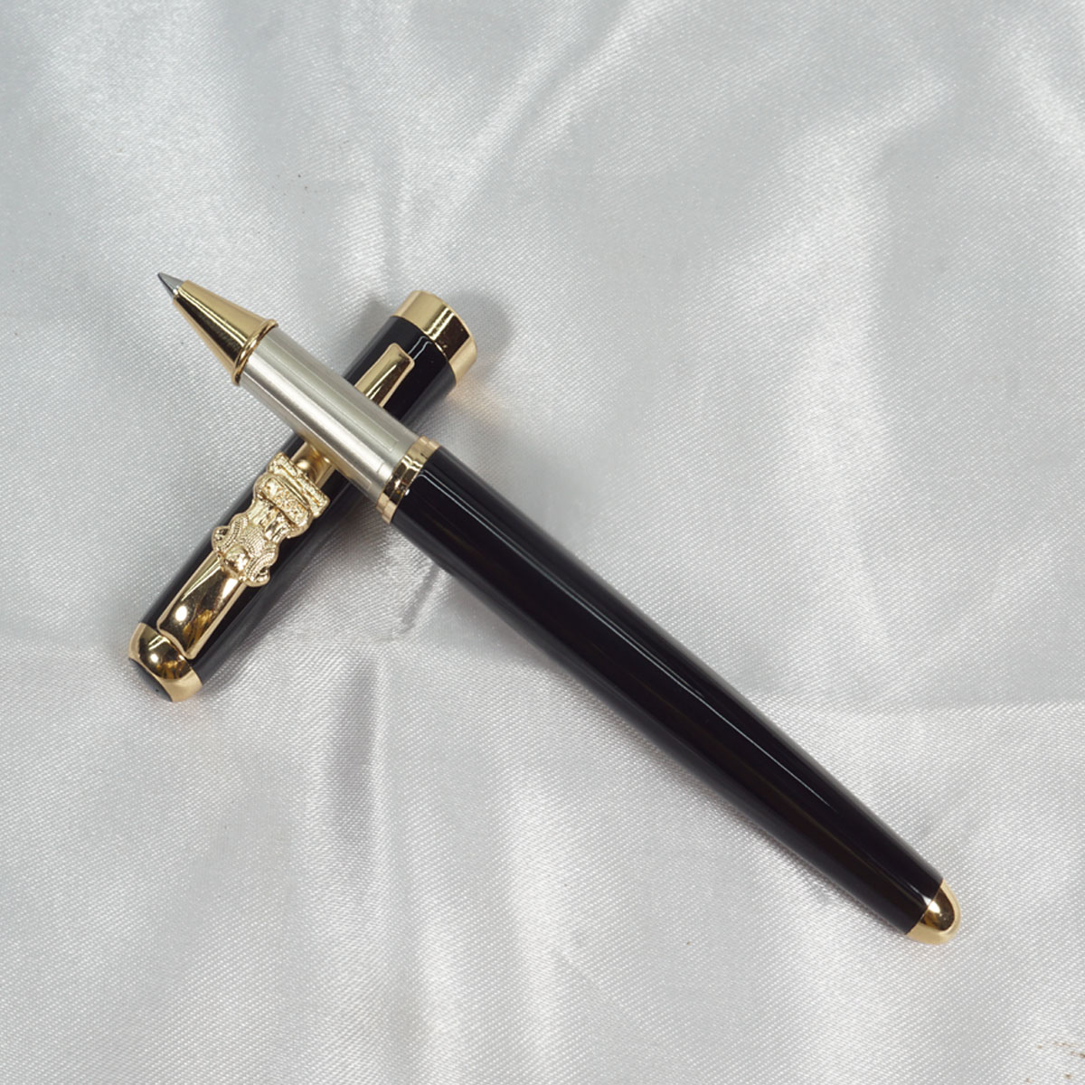 penhouse.in Glossy Black With Gold Clip Ashoka  Emblem On Clip Fine Tip Roller Ball Pen SKU 27741