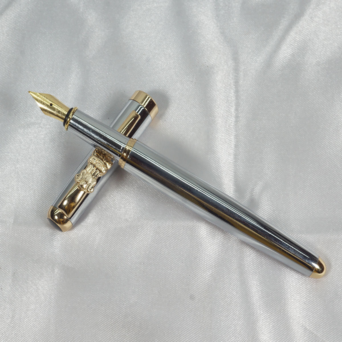 penhouse.in Glossy Silver Color Body With Gold Ashoka  Emblem On Clip Fine Nib Converter Type Fountain Pen SKU 27745