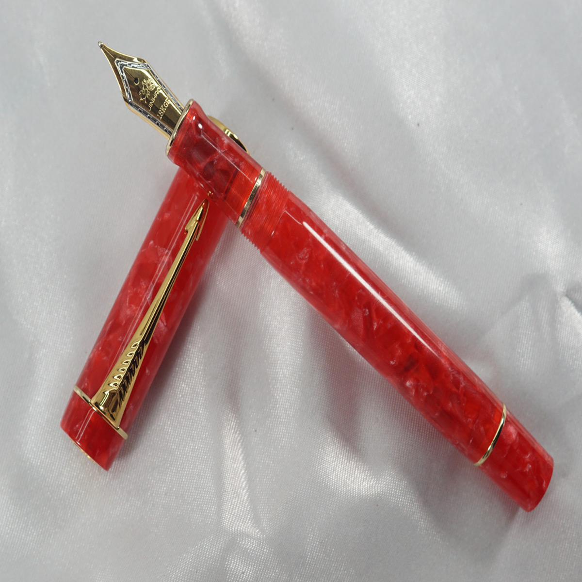 Jinhao Red Color Marble Acrylic Body With Cap And Golden Clip  Medium Nib Converter Type Fountain Pen SKU 27852