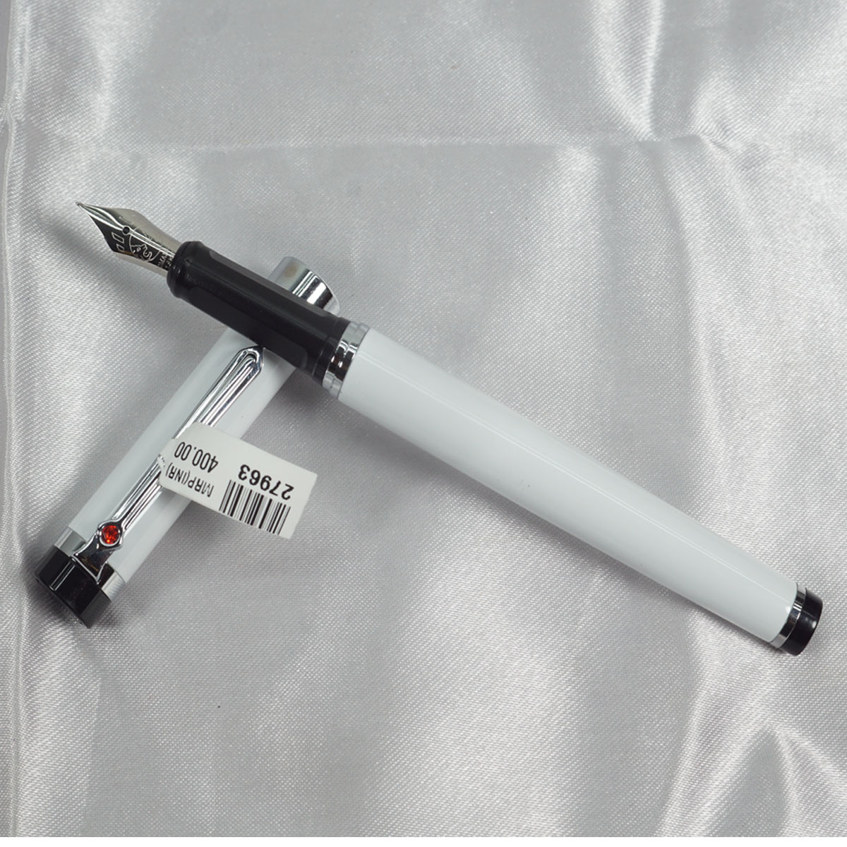 Domain Lion 1001 Glossy White Color Body With Silver Clip And Red Stone On Clip Converter Type Fountain Pen SKU 27963