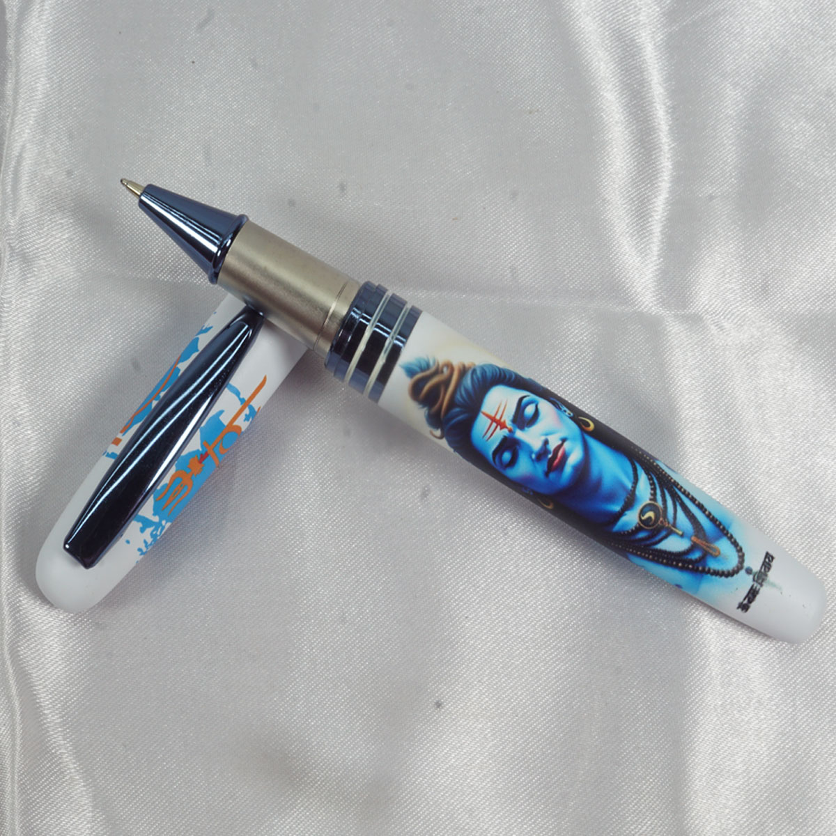 penhouse.in Matte White And Blue Body And Lord Shiva Design Cap Type Ball Pen SKU 27996