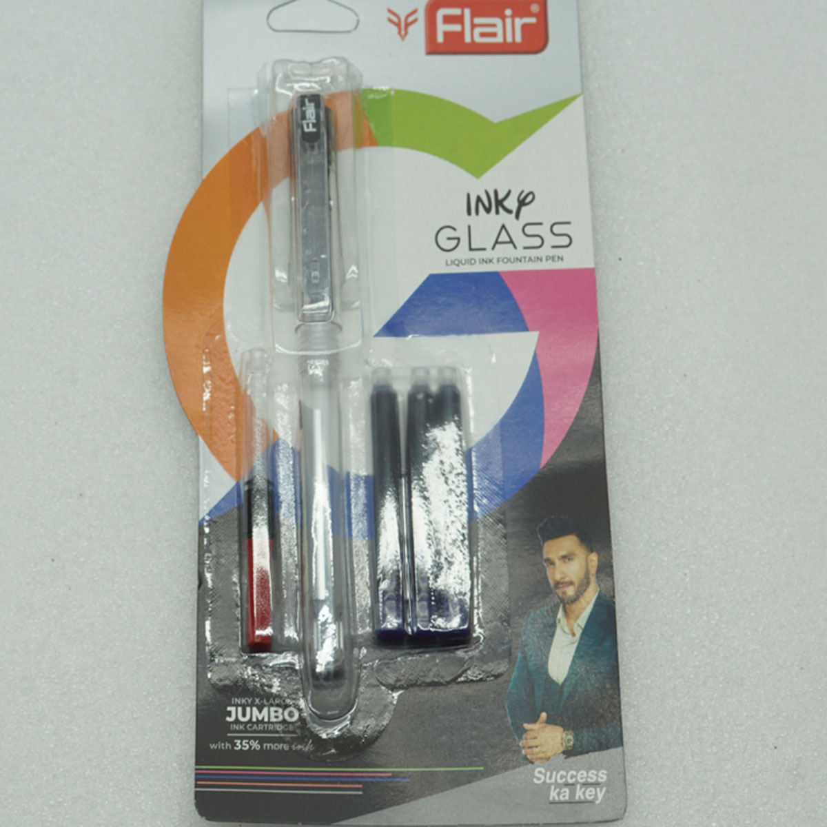Flair Inky Glass Transparent Color Body With Black Cap Fine Nib Converter  Cartridge Type Fountain Pen  SKU 28026