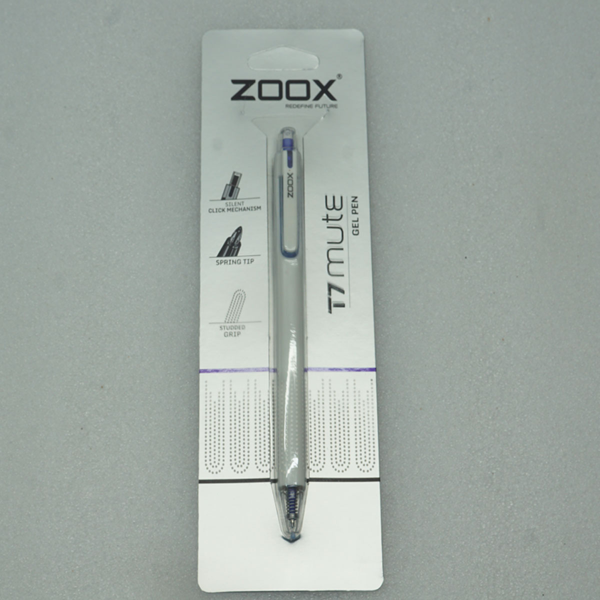 Zoox T7 Mute White Color Body with Blue Writing Click Type Roller Ball Pen SKU 28041