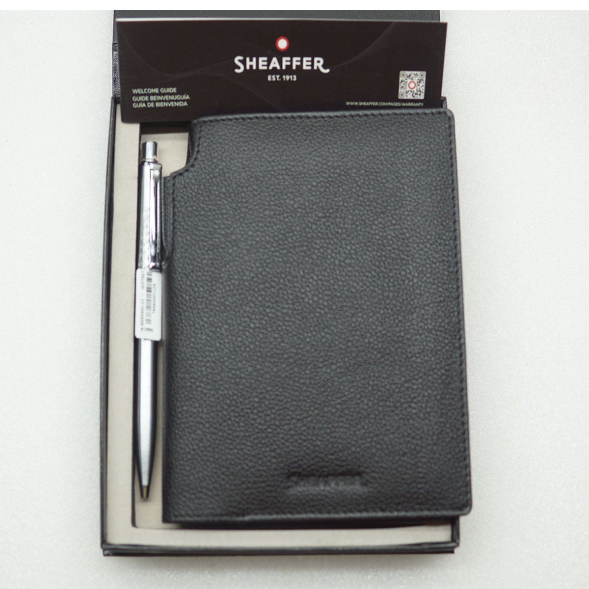 Sheaffer 3235 Sentinel Brushed Chrome Ball Pen With Leather Passport Holder Gift Set SKU 28043