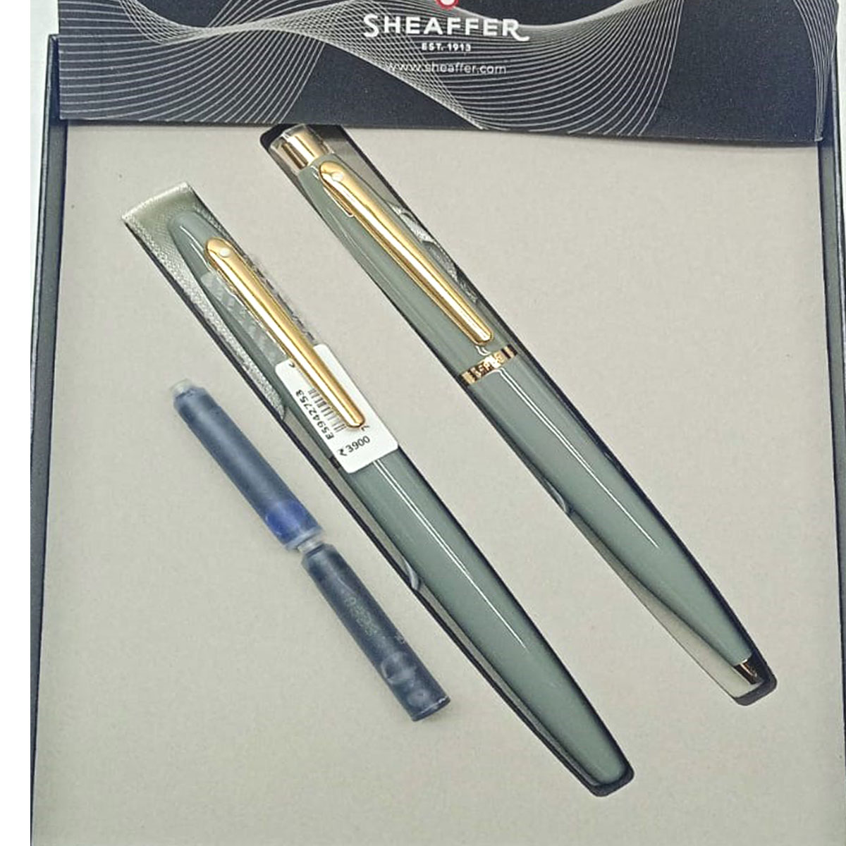Sheaffer VFM E9427 Light Grey Color With PVD Gold Trims Medium Nib Cartridge Type Fountain Pen and Ball Pen Set SKU 28114