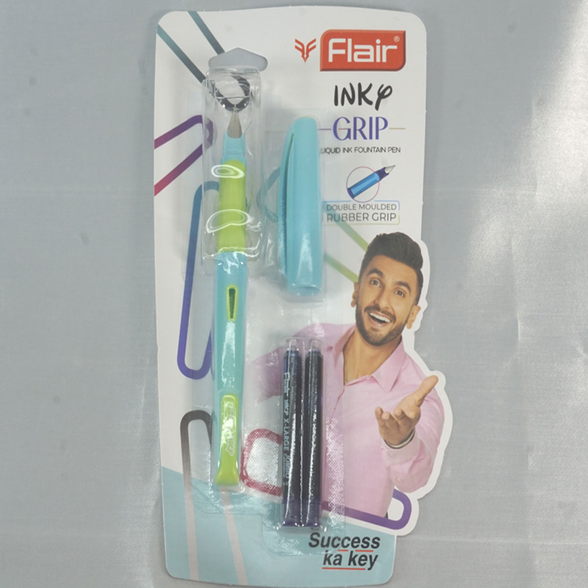 Flair Inky Grip Blue With Green Color Body Double Moulded Rubber Grip And Liquid Ink Fountain Pen SKU 28214