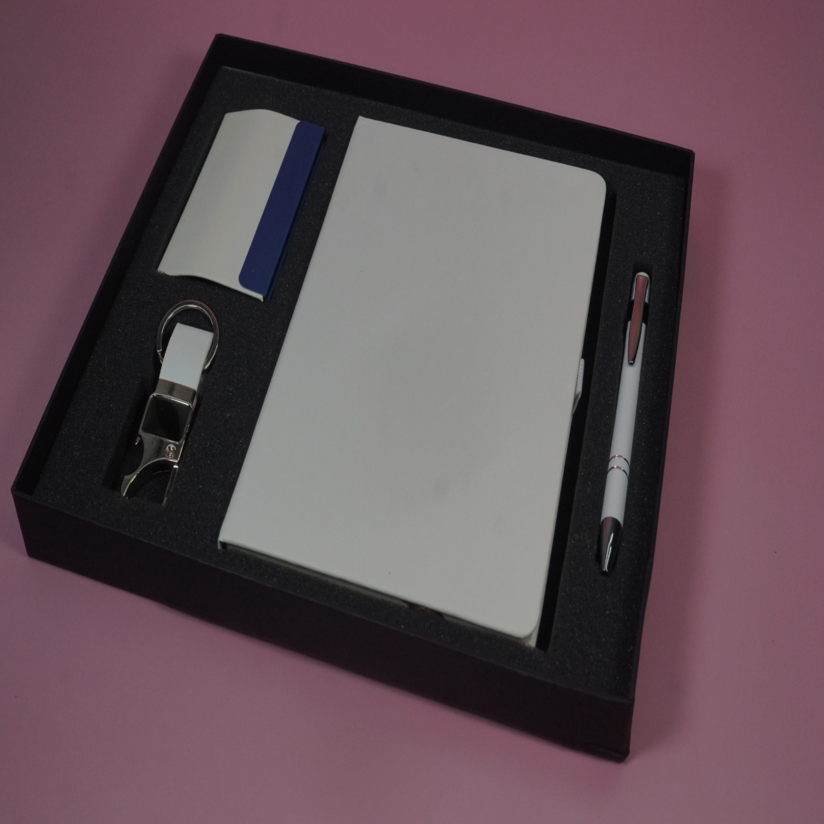 penhouse.in Full White Color Diary and Card Holder metal Keychain and Retractable Ball Pen 4 in 1 Gift Set SKU 28233
