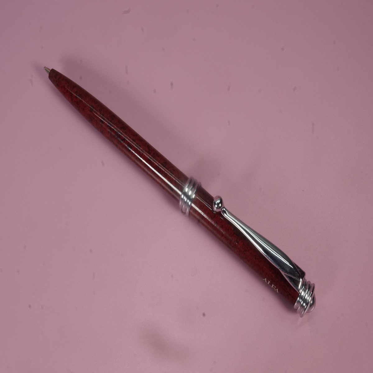 Alfa Red Color  Marble Design Body Silver Clip Retractable Ball Pen SKU 28234