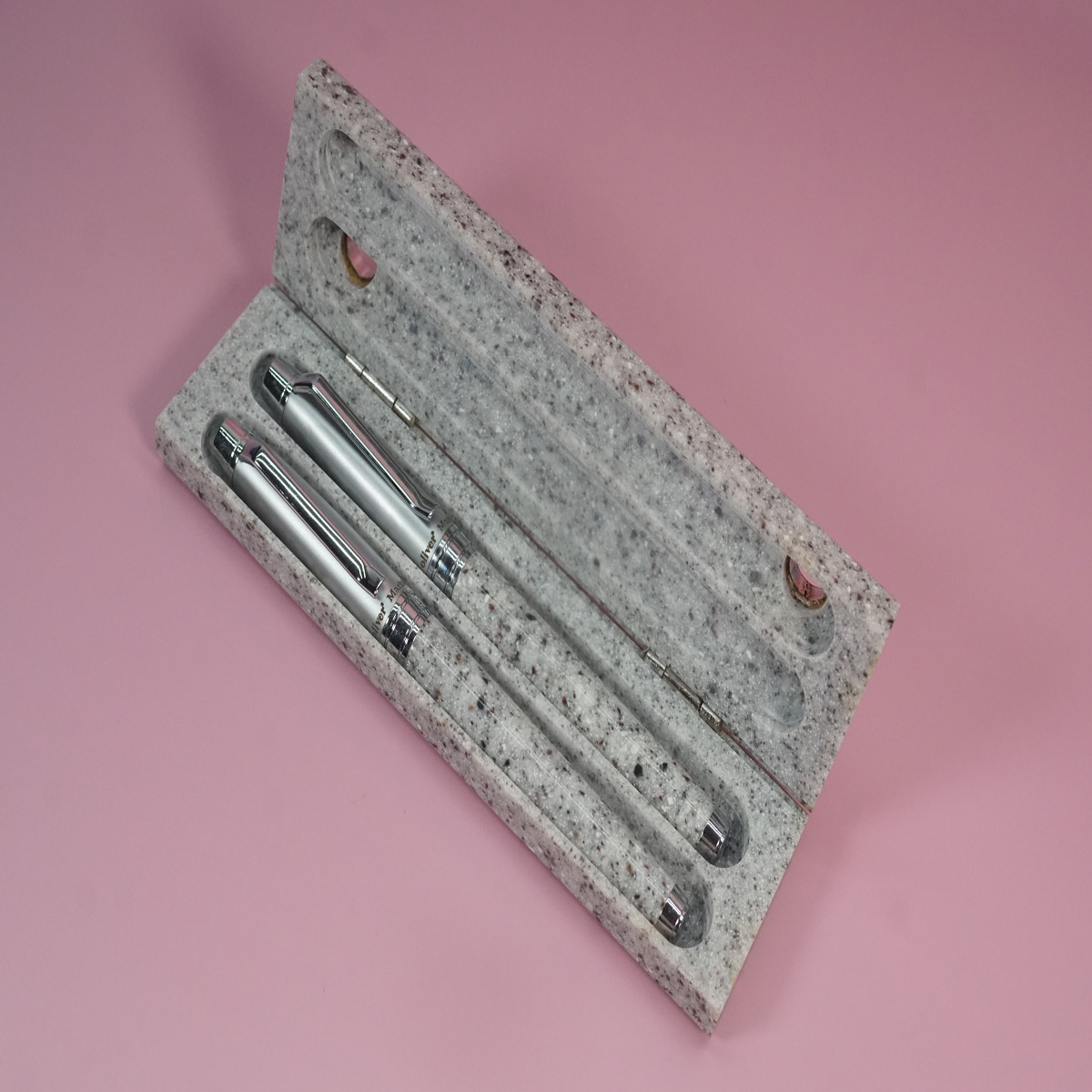 Oliver Marble Body with silver Cap and Clip Catridge Type Fountain Pen and Roller Ball Pen Set With Marble Stone Box  SKU 28266