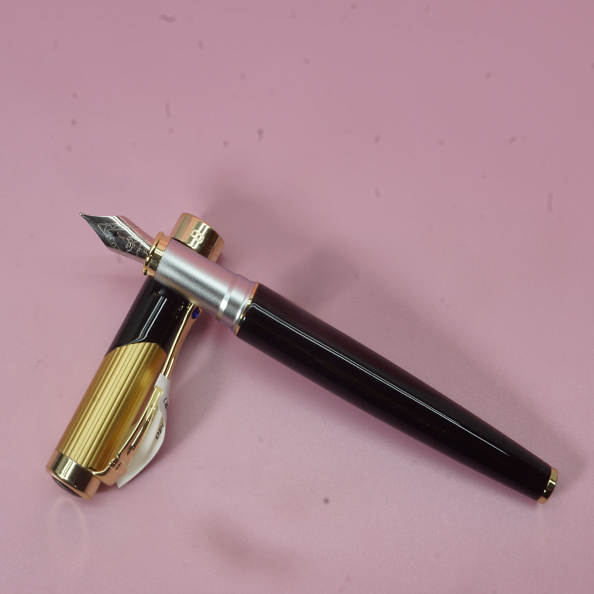 Jinhao 9009 Glossy Black Color Body With Gold Design On Cap And Blue Stone in Clip Fine Nib Converter Type Fountain Pen SKU 28269