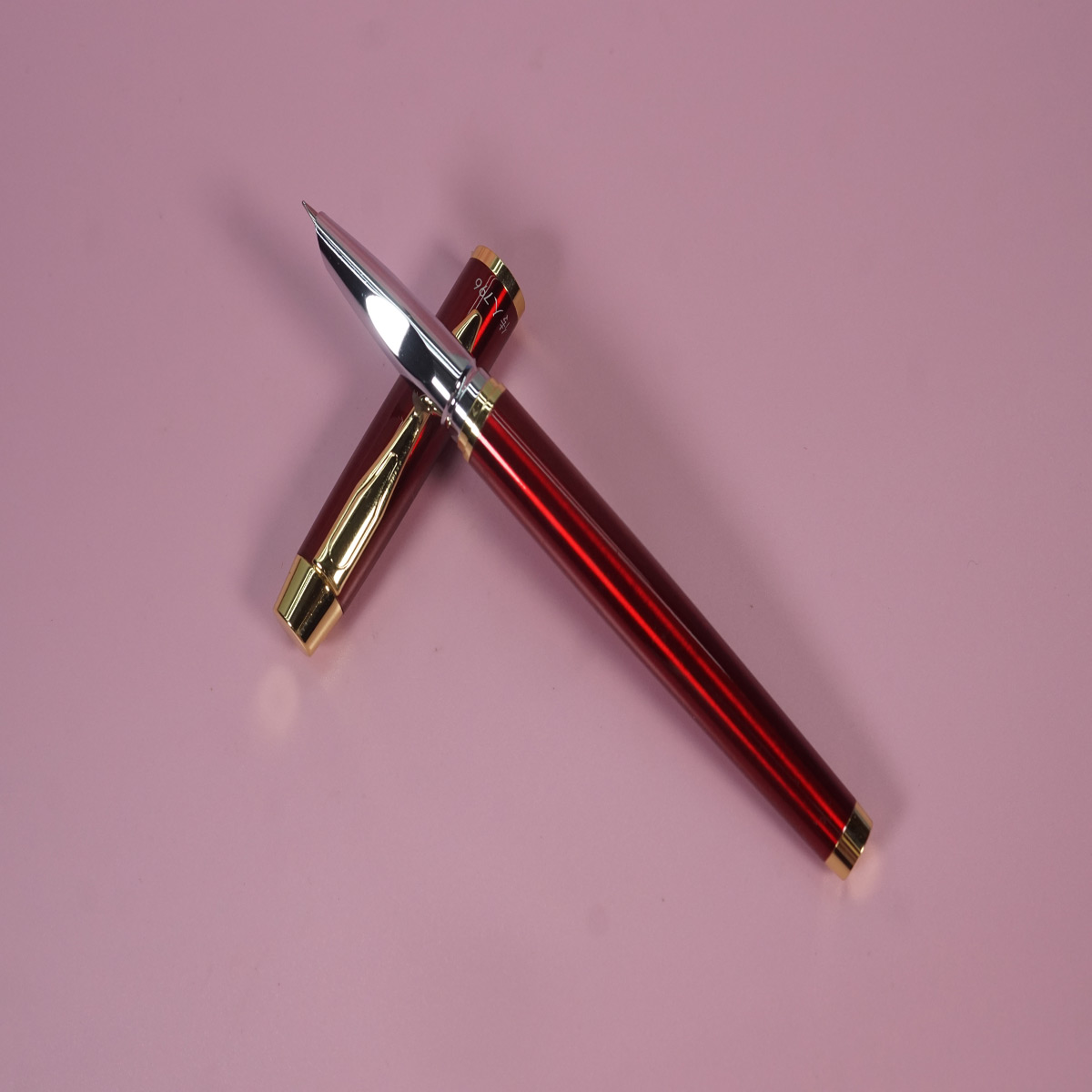 Chren 796 Glossy  Red Body and Cap with Gold Clip with Silver Grip Fine Nib Converter Type Fountain Pen SKU 28276