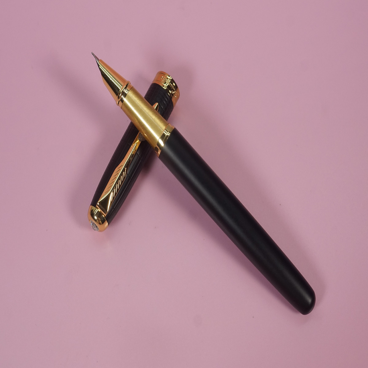 Luoshi Matte Black Color Body and Cap On Stone with Gold Clip and Grip Fine Nib Converter Type Fountain Pen SKU 28281