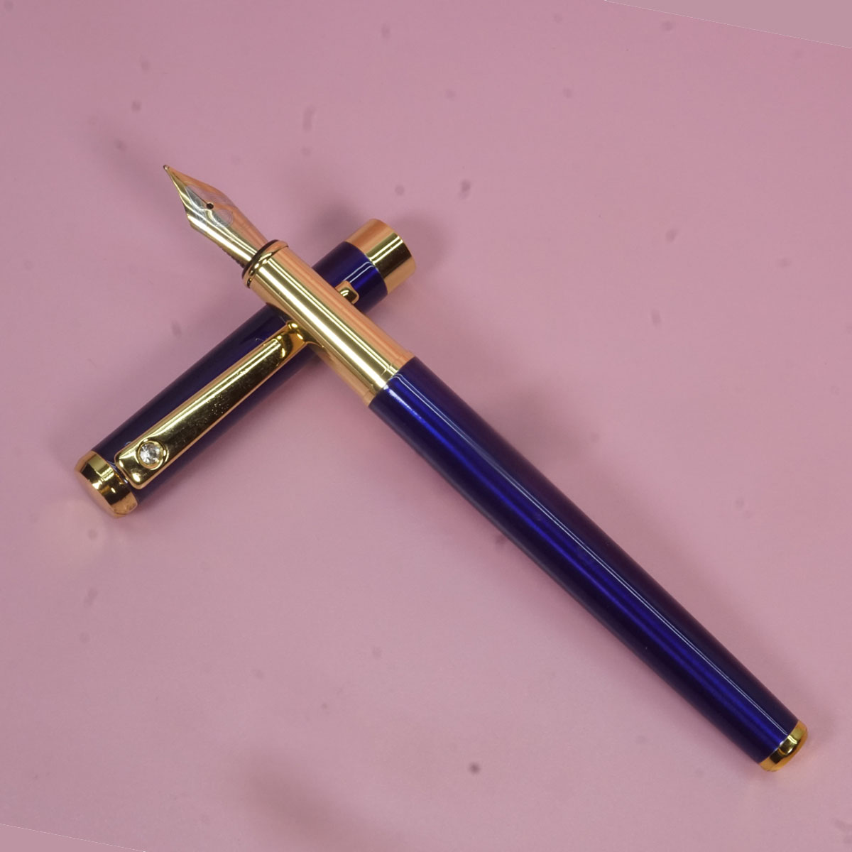 Yong Sheng Blue Color Body With Gold Trim & Stone On Clip And Fine Nib Converter Type Fountain Pen SKU 28284