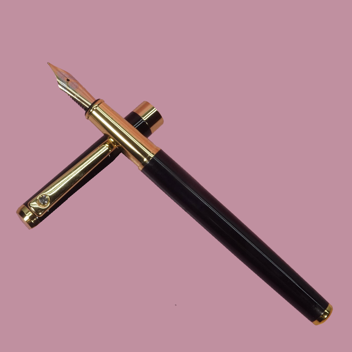 Yong Sheng Black Color Body With Gold Trim & Stone On Clip And Fine Nib Converter Type Fountain Pen SKU 28285