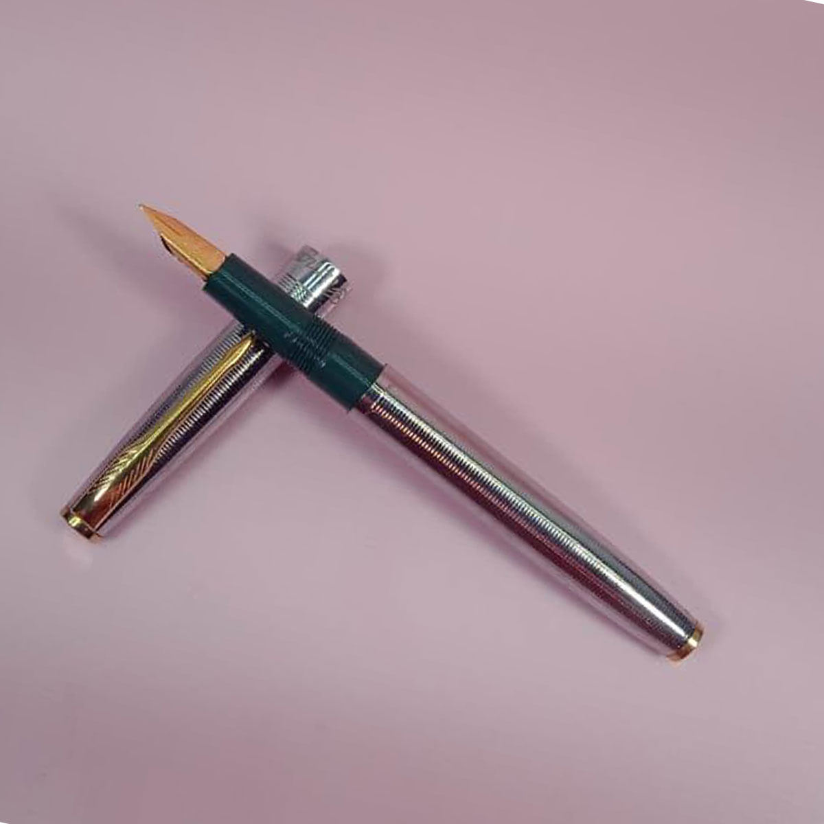 Gama  Silver Color Body With Green Color Grip And Gold Plated Fine Nib Eyedropper Model Fountain Pen SKU 28302