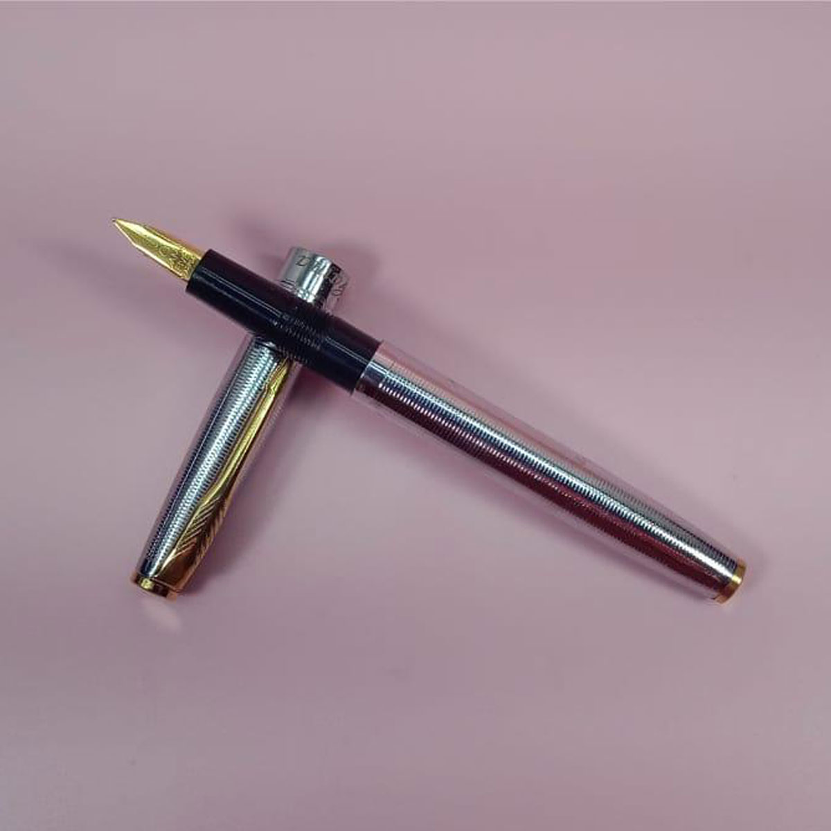 Gama  Silver Color Body With Black Color Grip And Gold Plated Fine Nib Eyedropper Model Fountain Pen SKU 28303