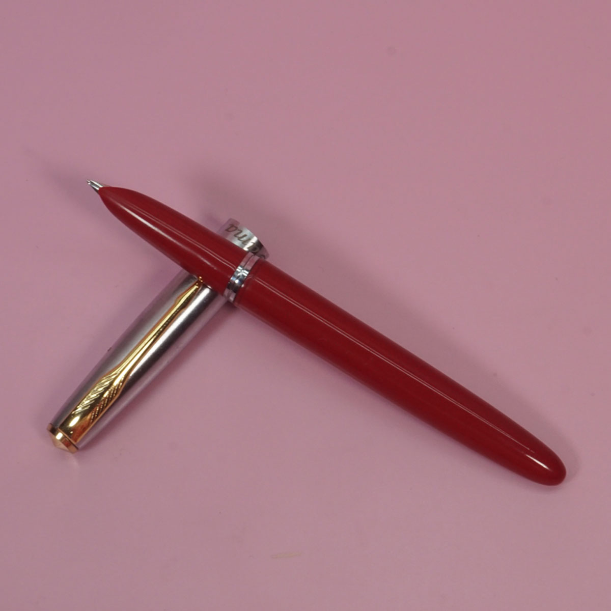 Gama No 9 Red Color Body With Silver Cap Fine Nib Eyedropper Type Fountain Pen SKU 28316