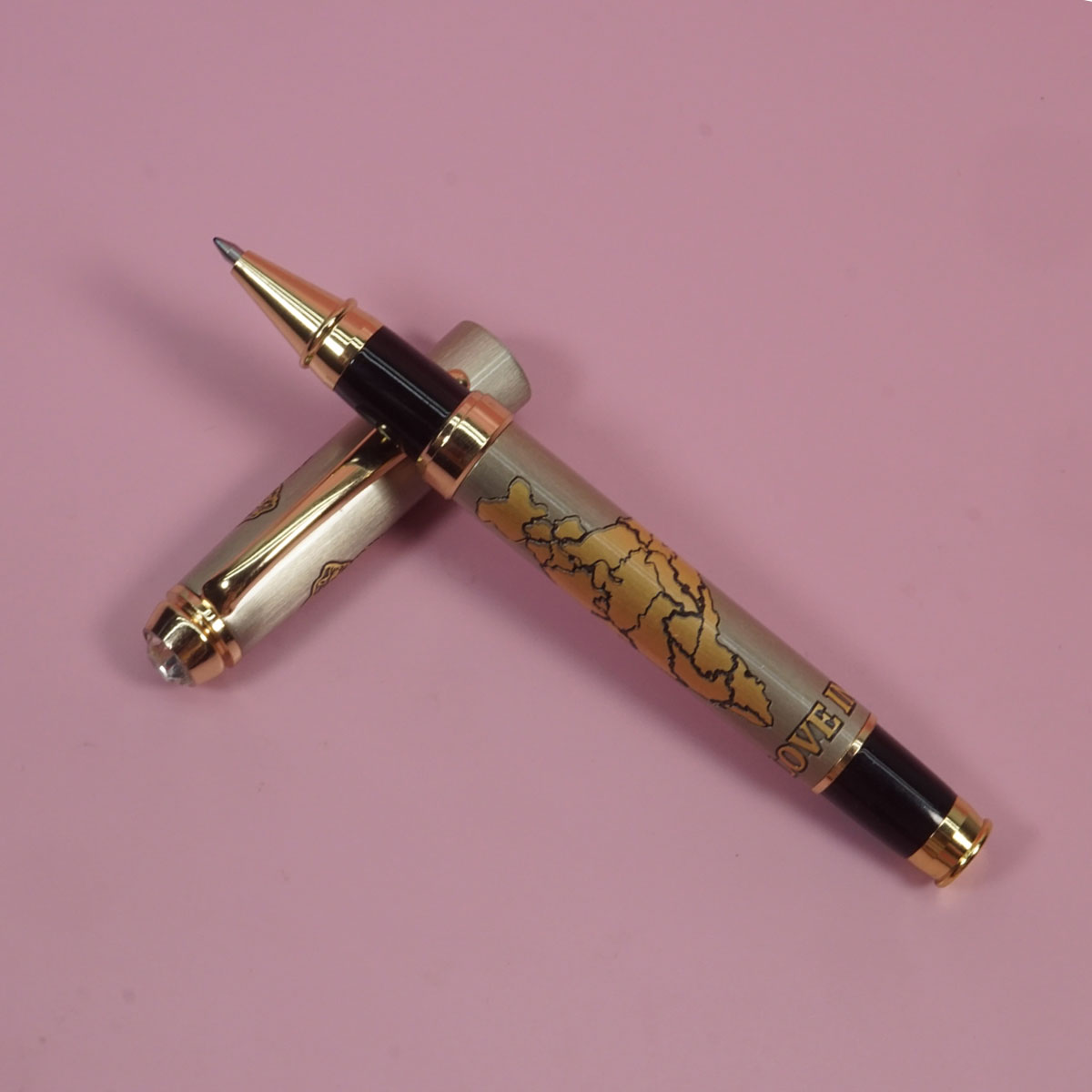 penhouse.in Silver Grey Colored Body Gold Trim On Clip And Tip I Love India Engraved Roller Ball Pen SKU 28331