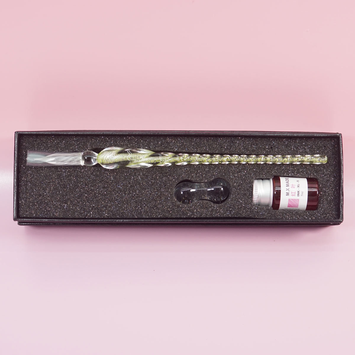 penhouse.in Light Green Color Shade Crystal Glass Dip Pen And Pink Fountain Pen Ink Holder Set SKU 28337