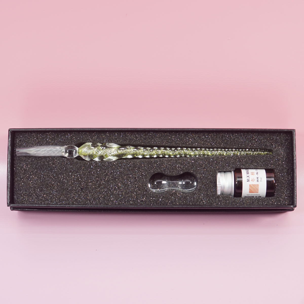 penhouse.in Light Green Color Shade Crystal Glass Dip Pen And Orange Fountain Pen Ink Holder Set SKU 28338