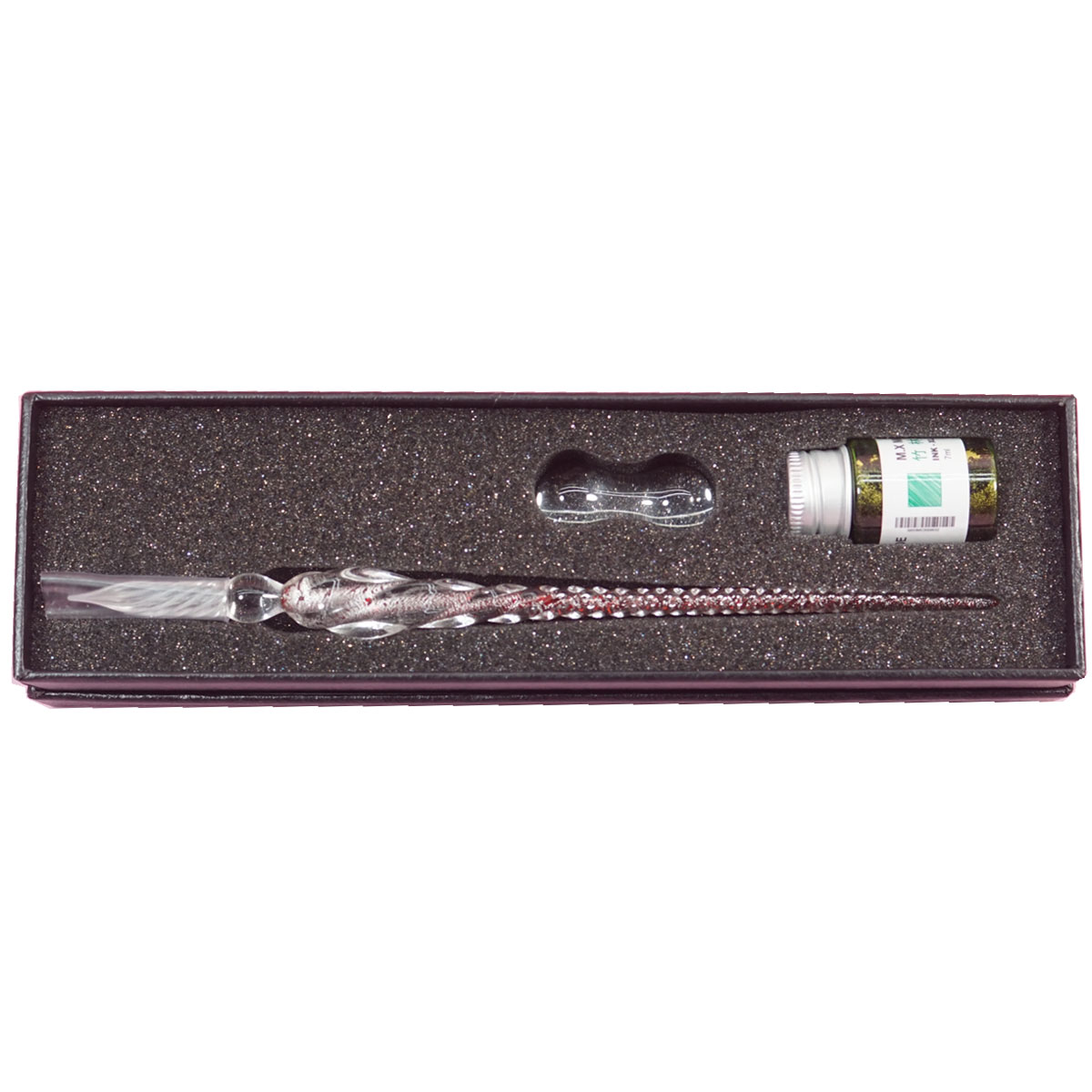 penhouse.in Red Color Shade Crystal Glass Dip Pen And Green Fountain Pen Ink Holder Set SKU 28340