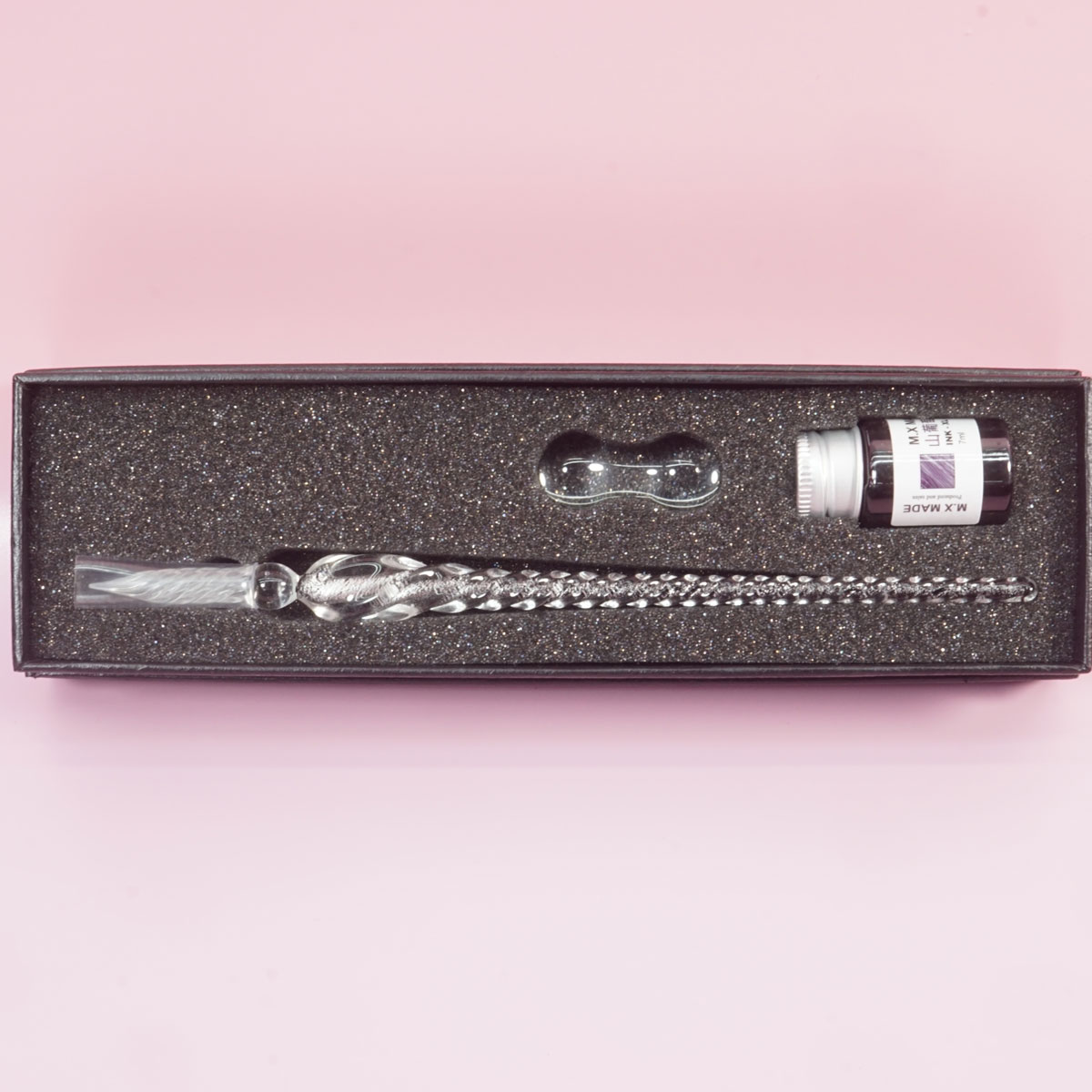 penhouse.in Silver Color Shade Crystal Glass Dip Pen And Violet Fountain Pen Ink Holder Set SKU 28341