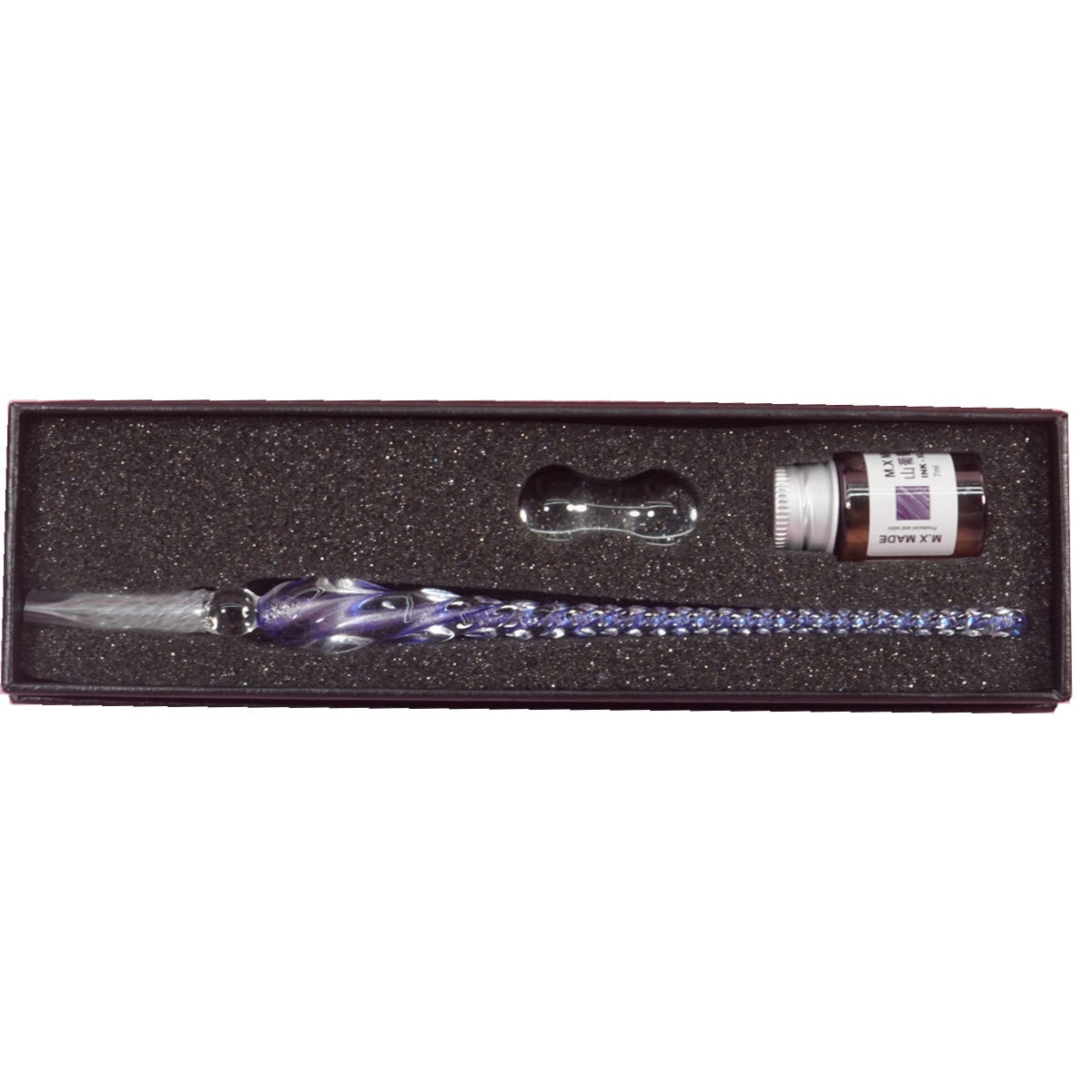 penhouse.in Dark Blue Color Shade Crystal Glass Dip Pen And Violet Fountain Pen Ink Holder Set SKU 28343
