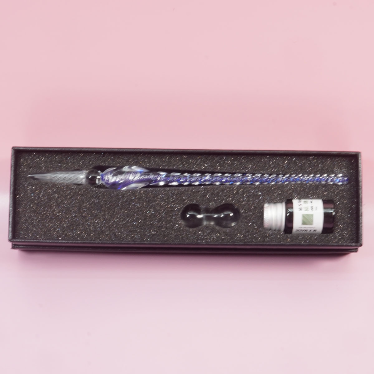 penhouse.in Dark Blue Color Shade Crystal Glass Dip Pen And Green Fountain Pen Ink Holder Set SKU 28344