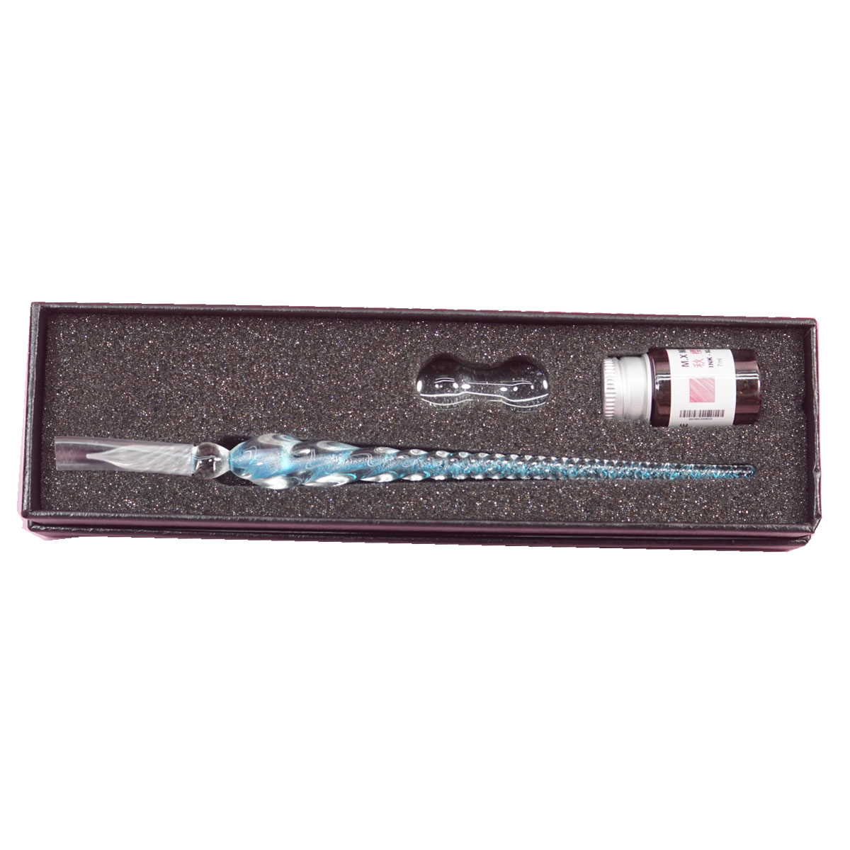 penhouse.in Sky Blue Color Shade Crystal Glass Dip Pen And Pink Fountain Pen Ink Holder Set SKU 28345