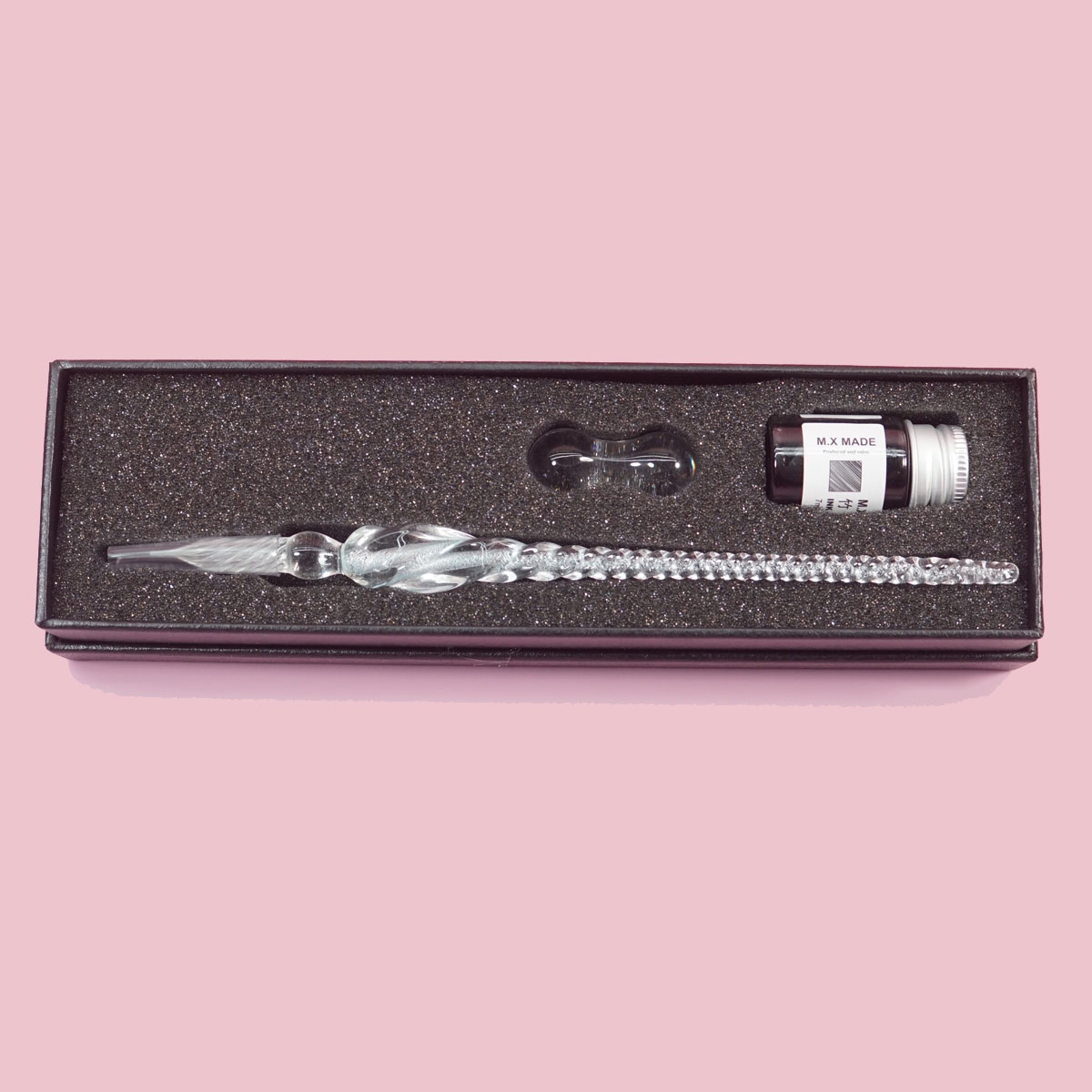 penhouse.in Light Blue Color Shade Crystal Glass Dip Pen And Black Fountain Pen Ink Holder Set SKU 28347