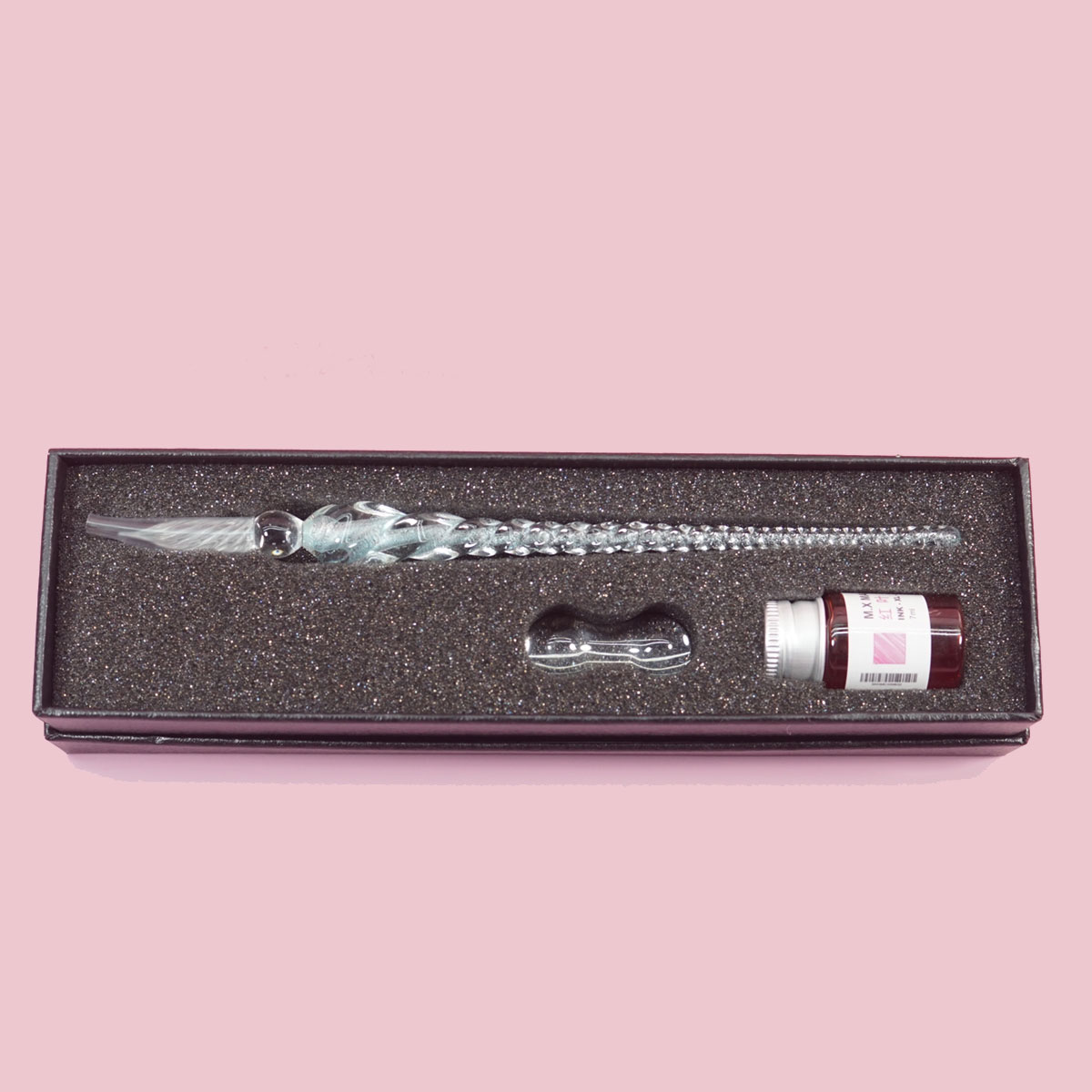 penhouse.in Light Blue Color Shade Crystal Glass Dip Pen And Pink Fountain Pen Ink Holder Set SKU 28348