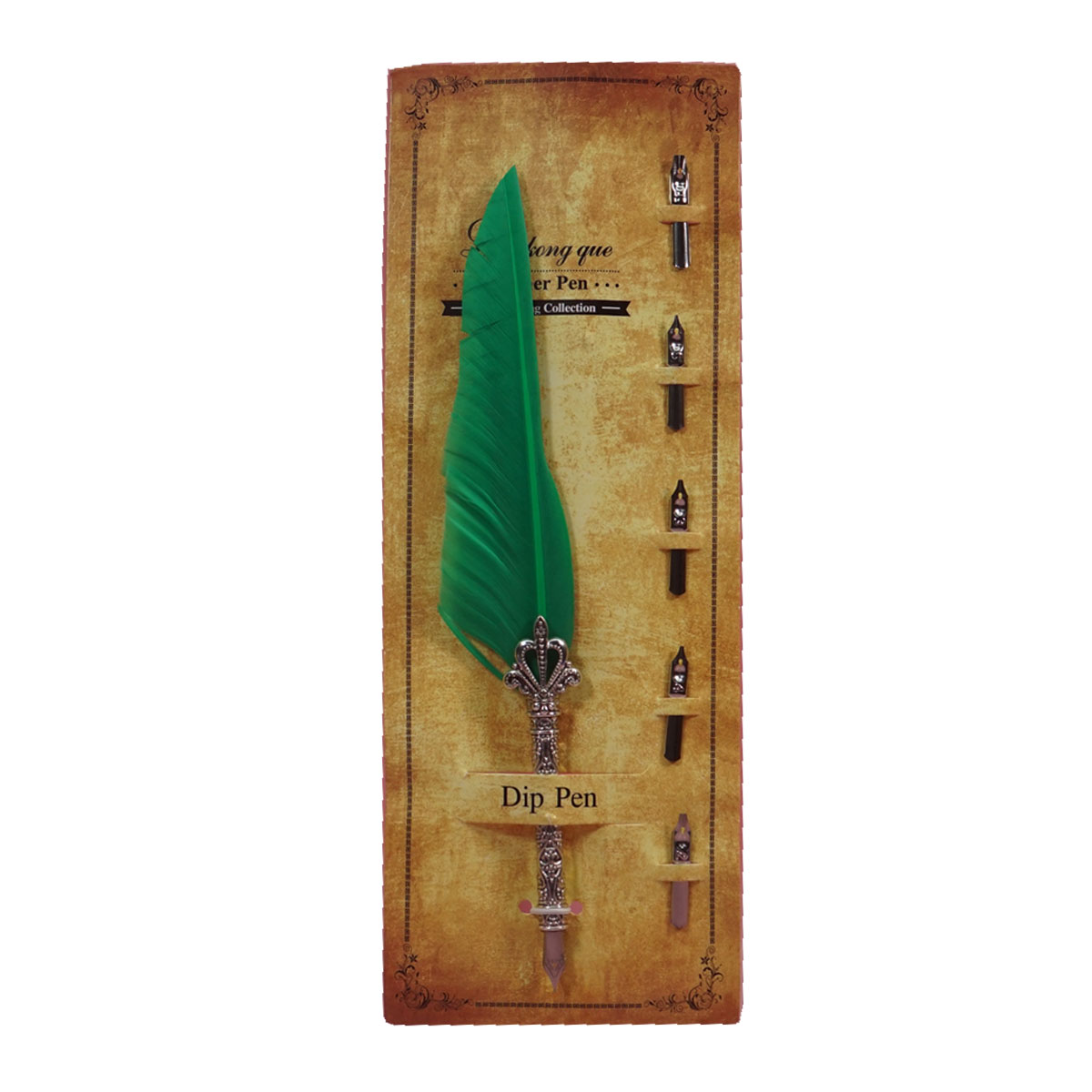 penhouse.in Green Color Feather With Several Interchangeable Metal Nibs And Feather Quill Dip Pen Set SKU 28349