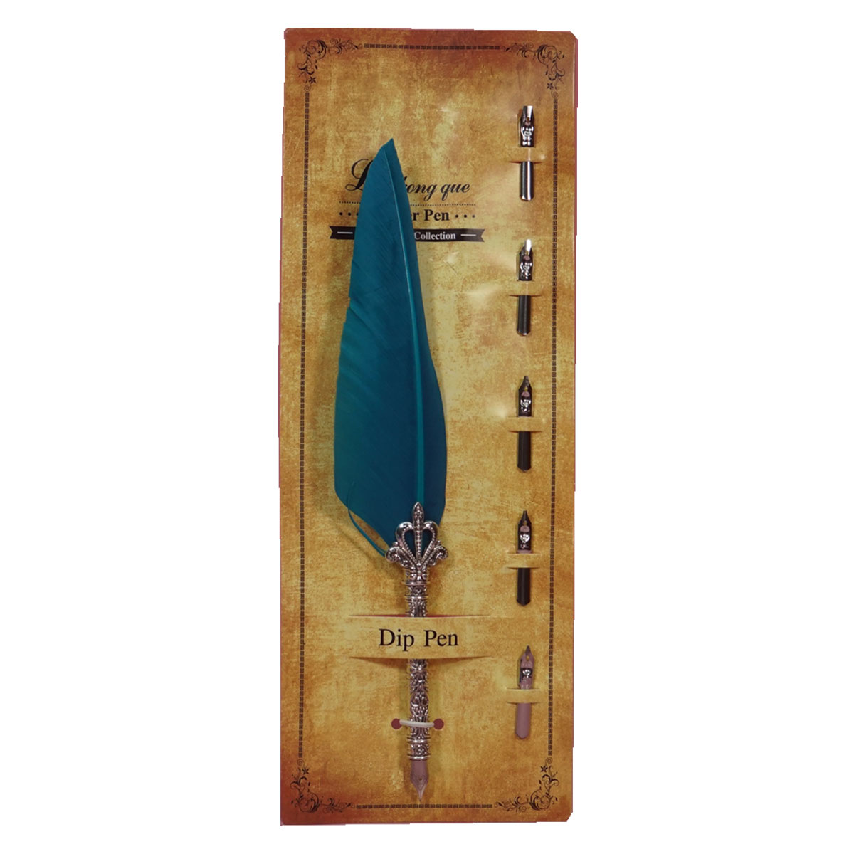 penhouse.in Turquoise Blue Color Feather With Several Interchangeable Metal Nibs And Feather Quill Dip Pen Set SKU 28351