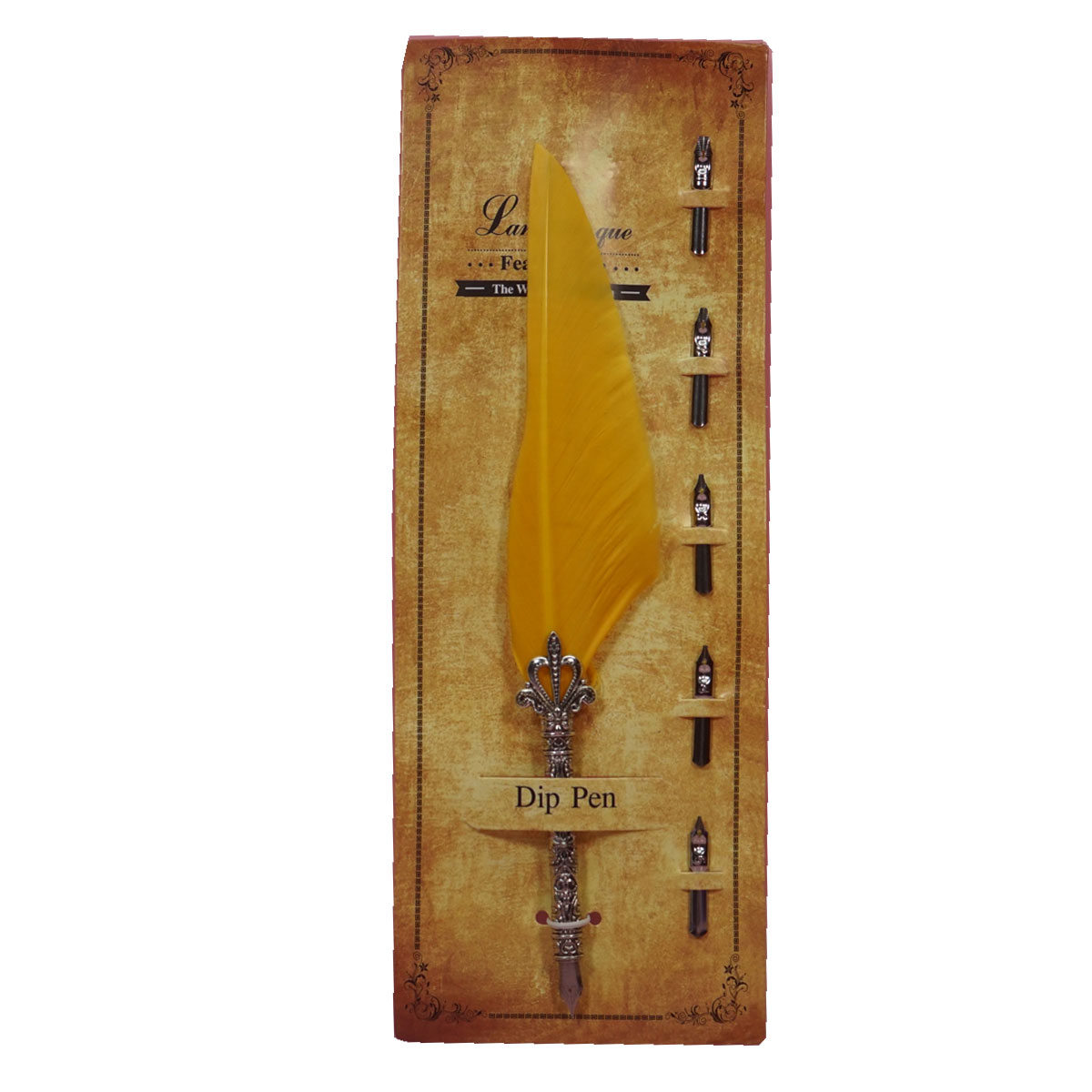 penhouse.in Yellow Color Feather With Several Interchangeable Metal Nibs And Feather Quill Dip Pen Set SKU 28353