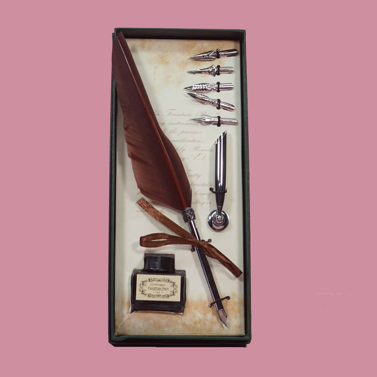 penhouse.in Brown Color Feather Silver Color Pen And Five Inter Changeable Nibs & Pen holder Calligraphy Quill Pen Set  SKU 28357