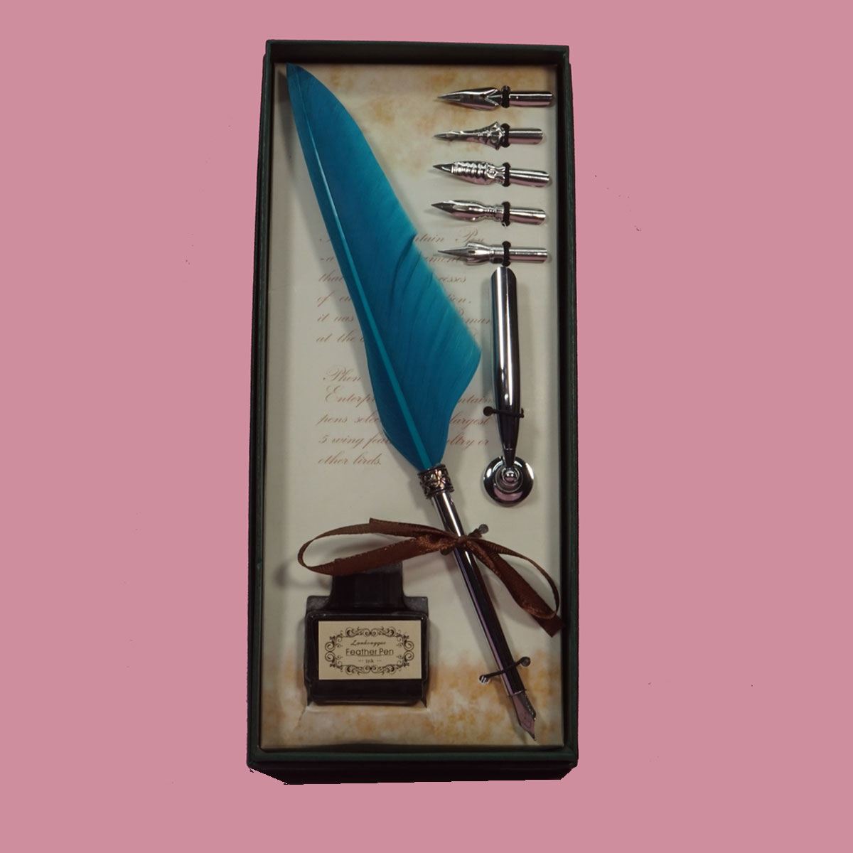penhouse.in Turquoise Blue Color Feather Silver Color Pen And Five Inter Changeable Nibs & Pen holder Calligraphy Quill Pen Set  SKU 28358