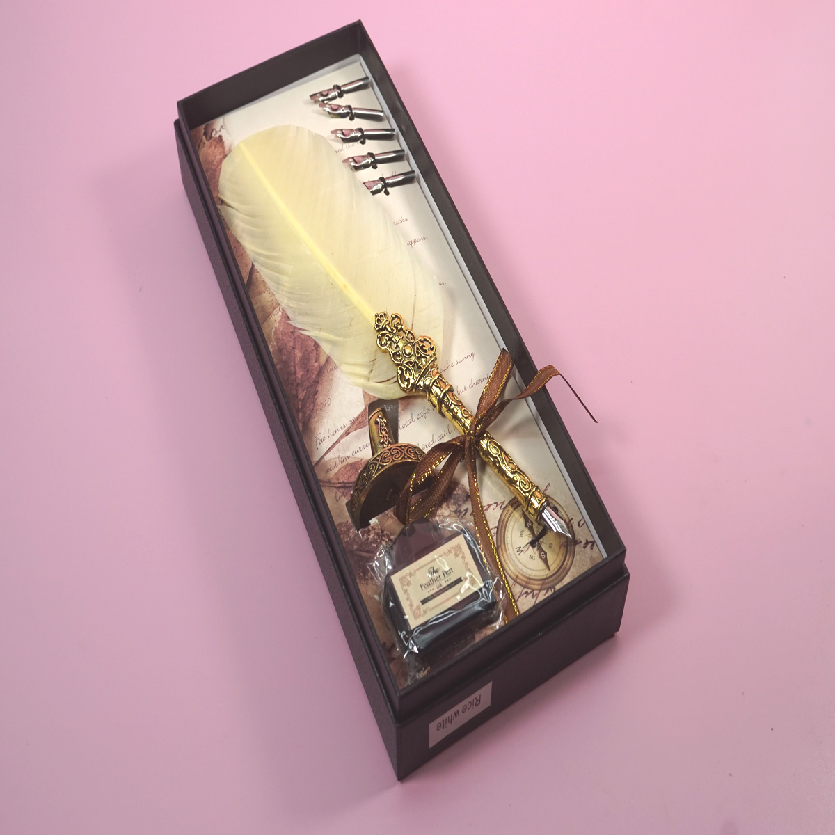 Penhouse.in Feather Pen Light Sandal Color Feather Gold Grip  Calligraphy Writing Dip Pen 5 Nibs With Ink Bottle with Gold Color Stand SKU 28362