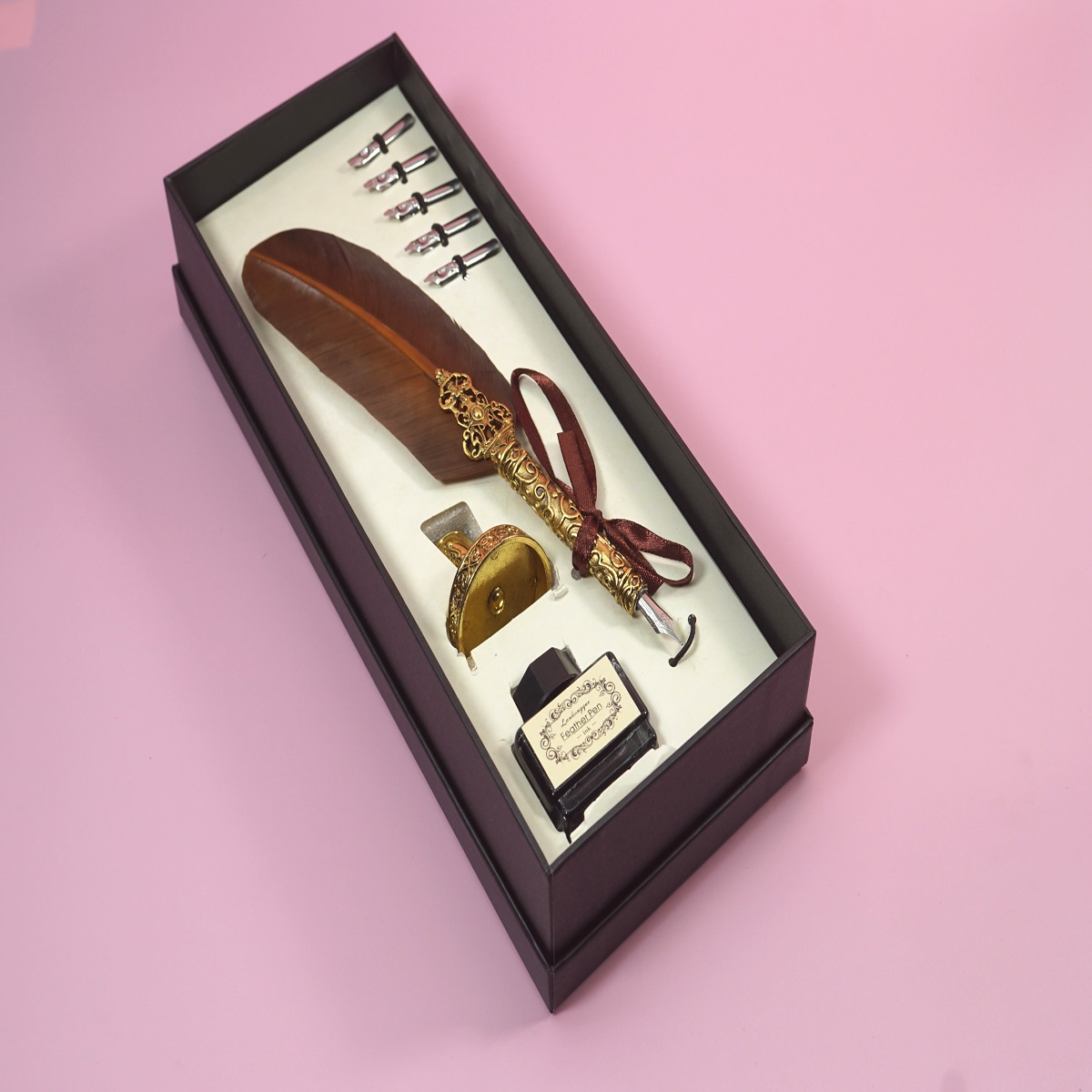 Penhouse.in Feather Pen Brown Color Feather Gold Grip  Calligraphy Writing Dip Pen 5 Nibs With Ink Bottle with Gold Color Stand SKU 28363